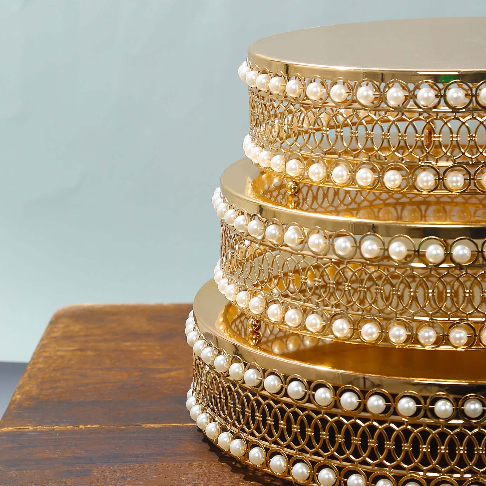 Set of 3 Metal Cake Stands 12", 14", 16" Round Design with Mirror Top Gold - Pearl Beaded Stackable Cupcake Holders - Image 2