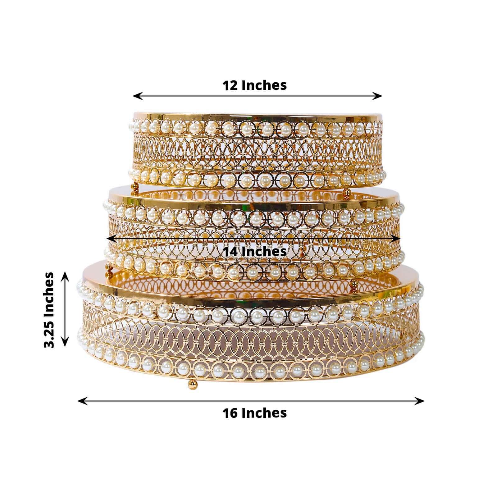 Set of 3 Metal Cake Stands 12", 14", 16" Round Design with Mirror Top Gold - Pearl Beaded Stackable Cupcake Holders - Image 3