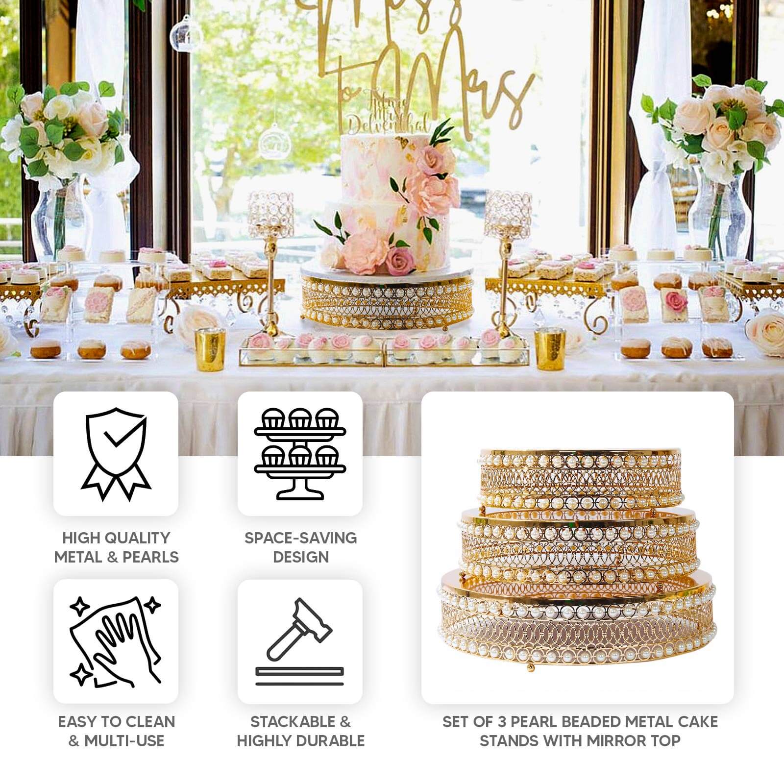 Set of 3 Metal Cake Stands 12", 14", 16" Round Design with Mirror Top Gold - Pearl Beaded Stackable Cupcake Holders - Image 4