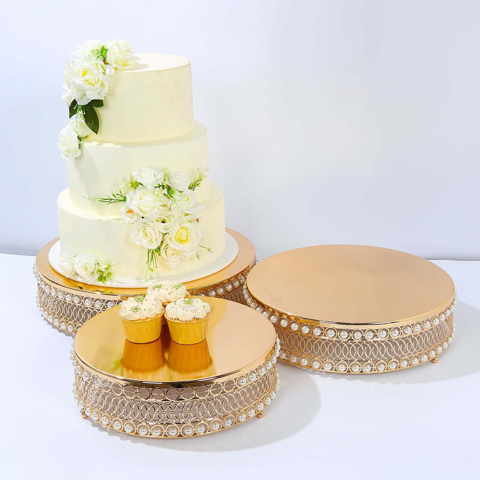 Set of 3 Metal Cake Stands 12", 14", 16" Round Design with Mirror Top Gold - Pearl Beaded Stackable Cupcake Holders - Image 6