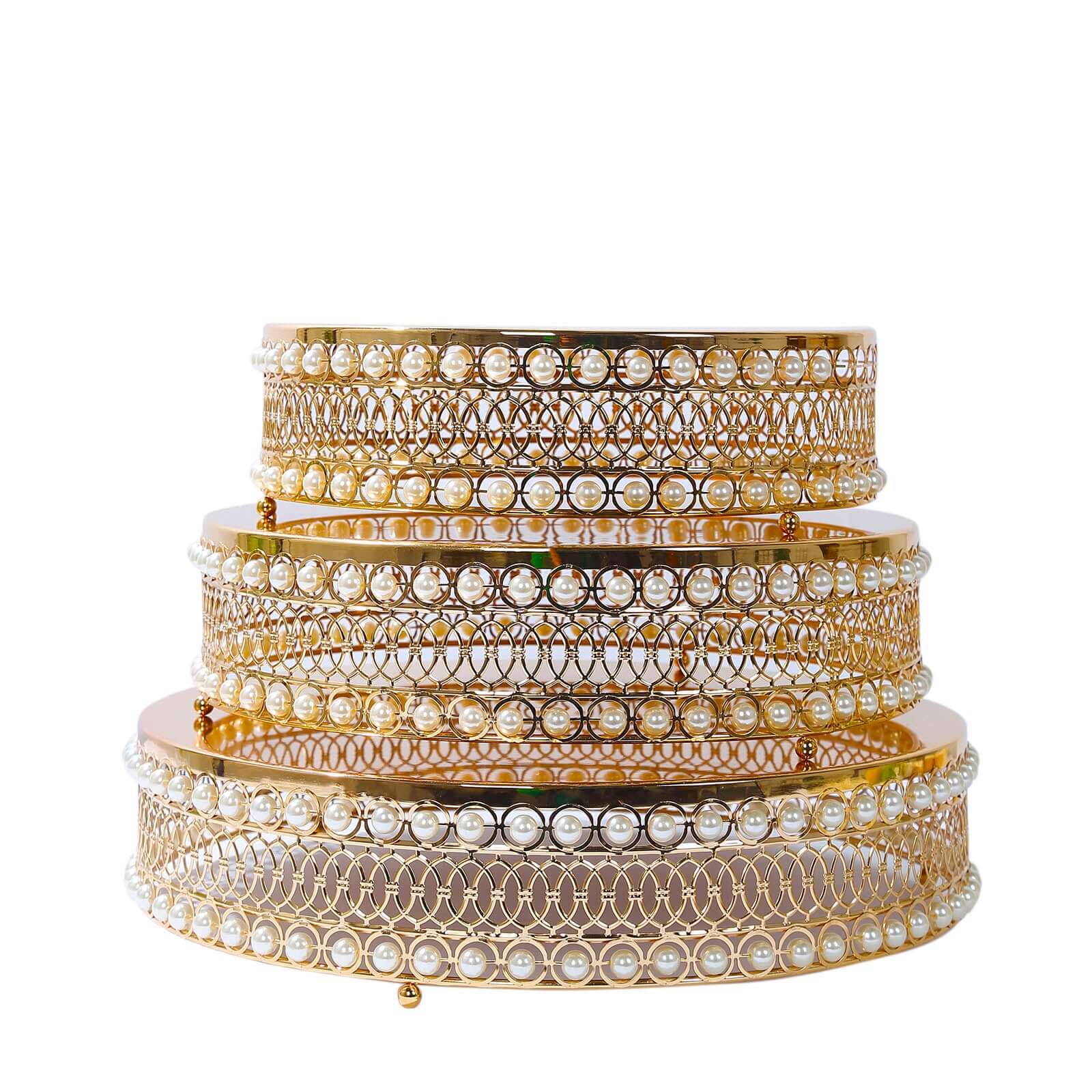 Set of 3 Metal Cake Stands 12", 14", 16" Round Design with Mirror Top Gold - Pearl Beaded Stackable Cupcake Holders - Image 7