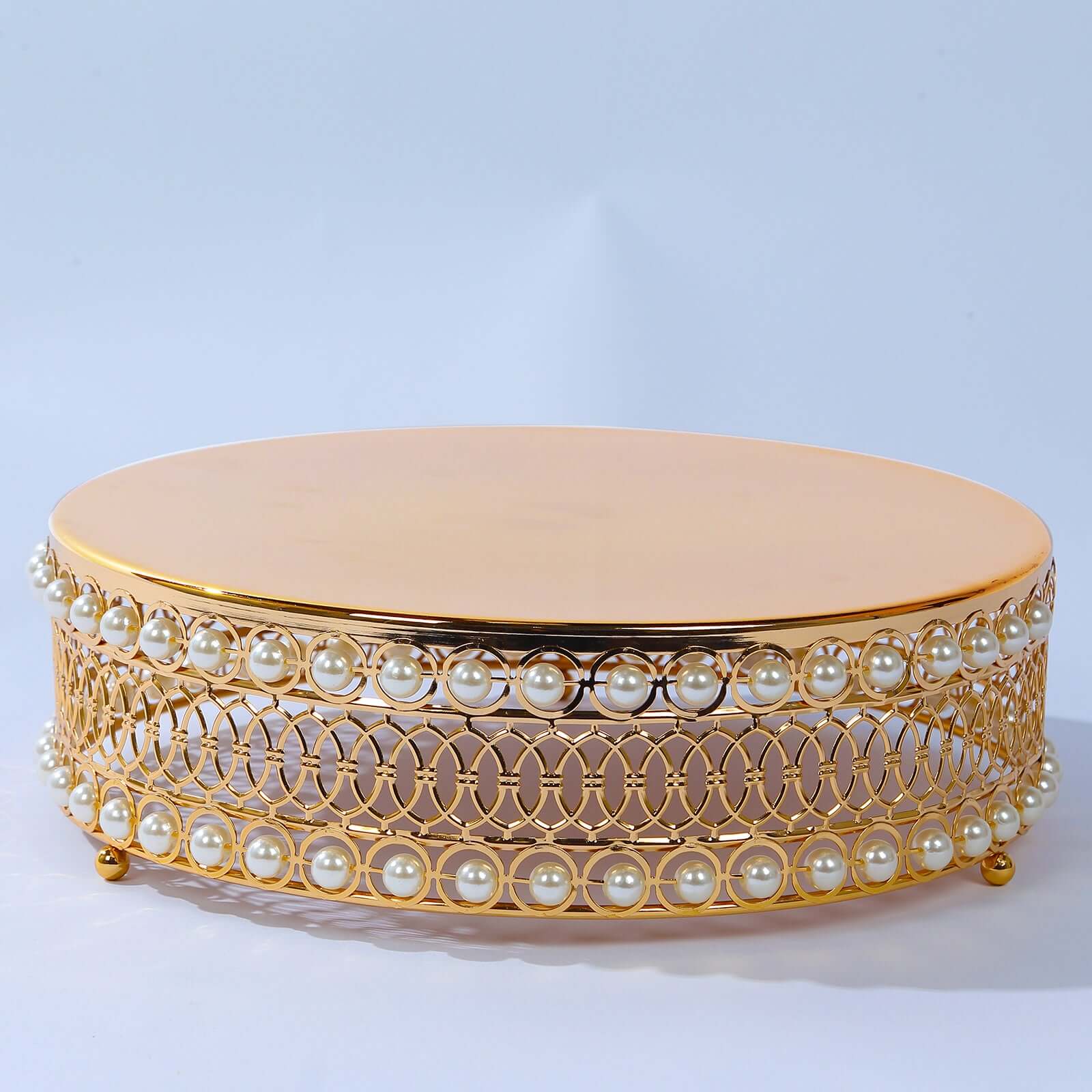 Set of 3 Metal Cake Stands 12", 14", 16" Round Design with Mirror Top Gold - Pearl Beaded Stackable Cupcake Holders - Image 8