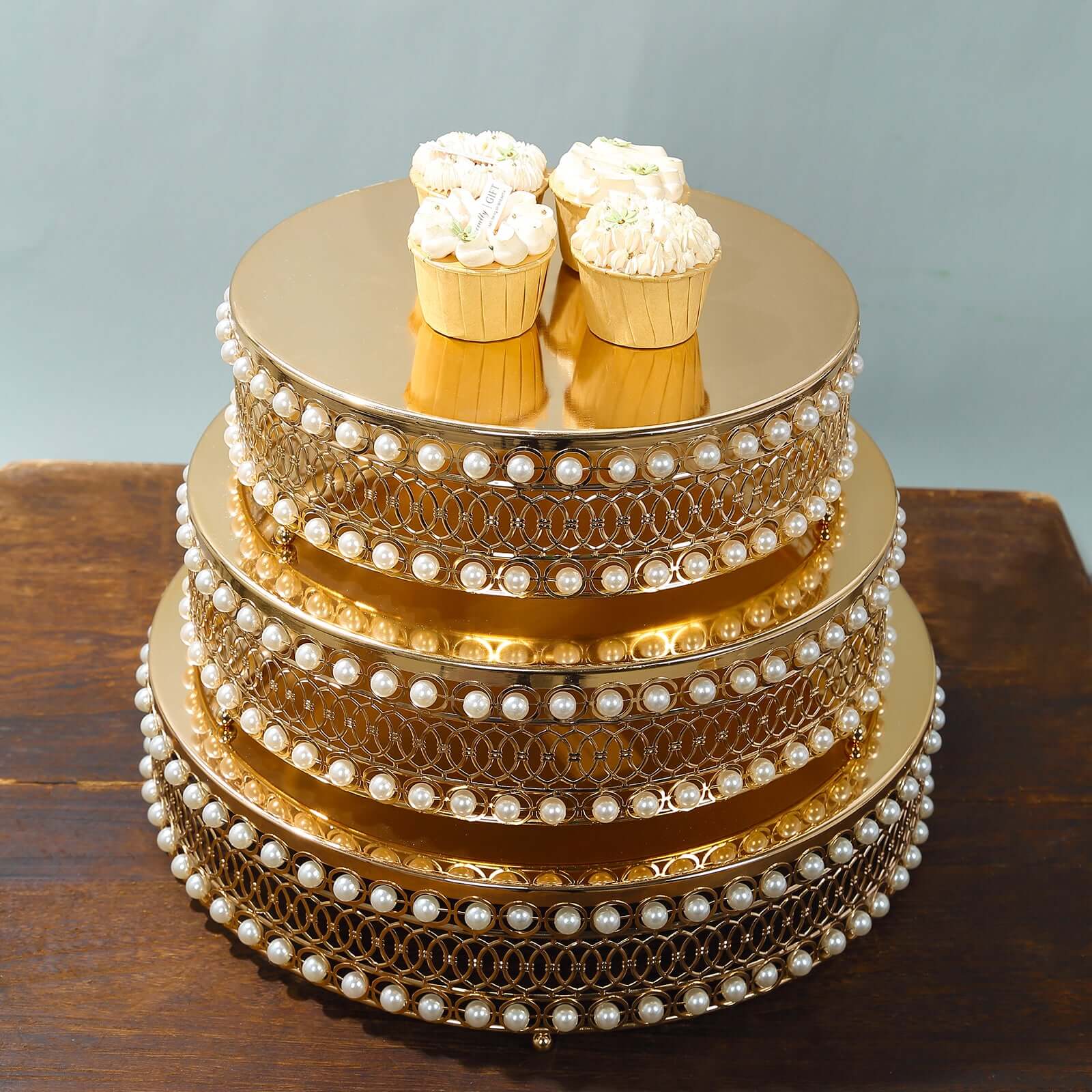 Set of 3 Metal Cake Stands 12", 14", 16" Round Design with Mirror Top Gold - Pearl Beaded Stackable Cupcake Holders - Image 9