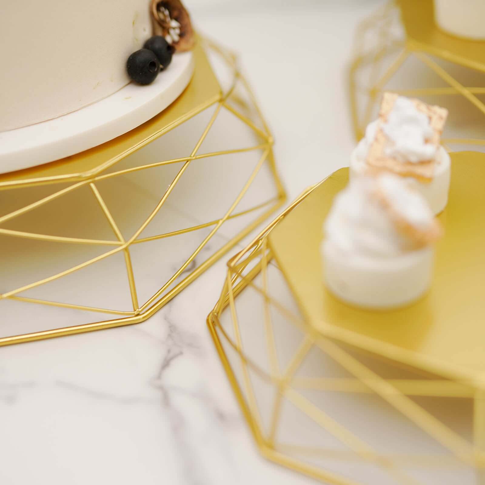 Set of 3 Metal Cake Stands 7", 9", 11" Geometric Reversible Octagon Design Gold - Dessert Display Baskets - Image 10