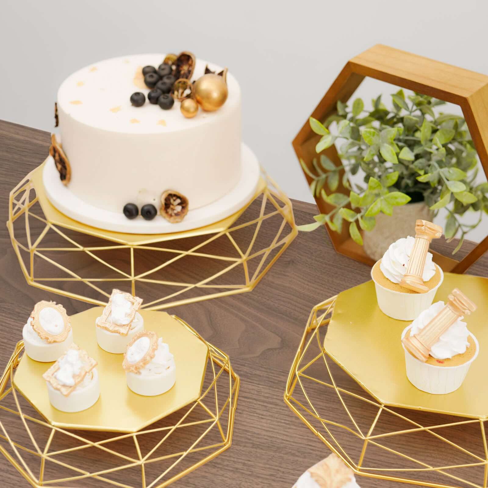 Set of 3 Metal Cake Stands 7", 9", 11" Geometric Reversible Octagon Design Gold - Dessert Display Baskets - Image 11