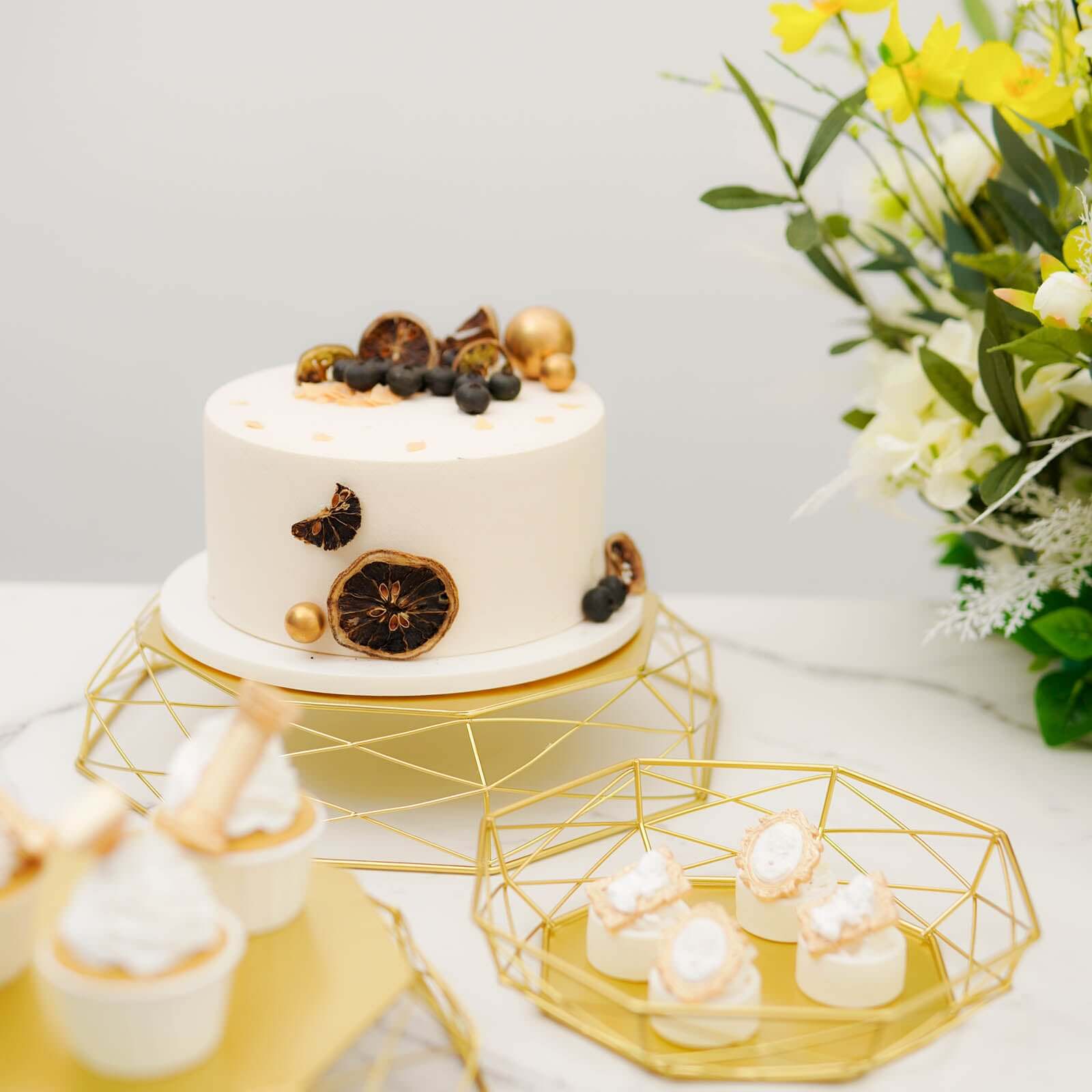 Set of 3 Metal Cake Stands 7", 9", 11" Geometric Reversible Octagon Design Gold - Dessert Display Baskets - Image 12