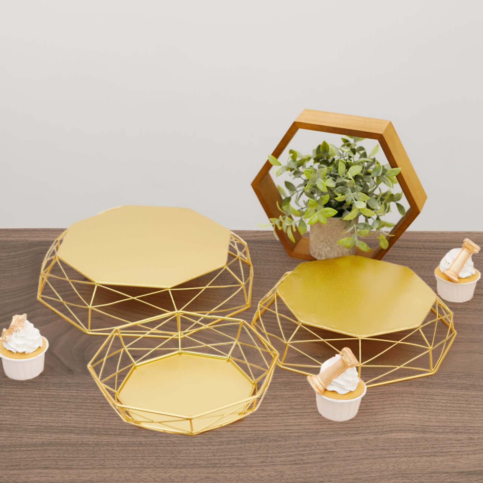 Set of 3 Metal Cake Stands 7", 9", 11" Geometric Reversible Octagon Design Gold - Dessert Display Baskets - Image 13