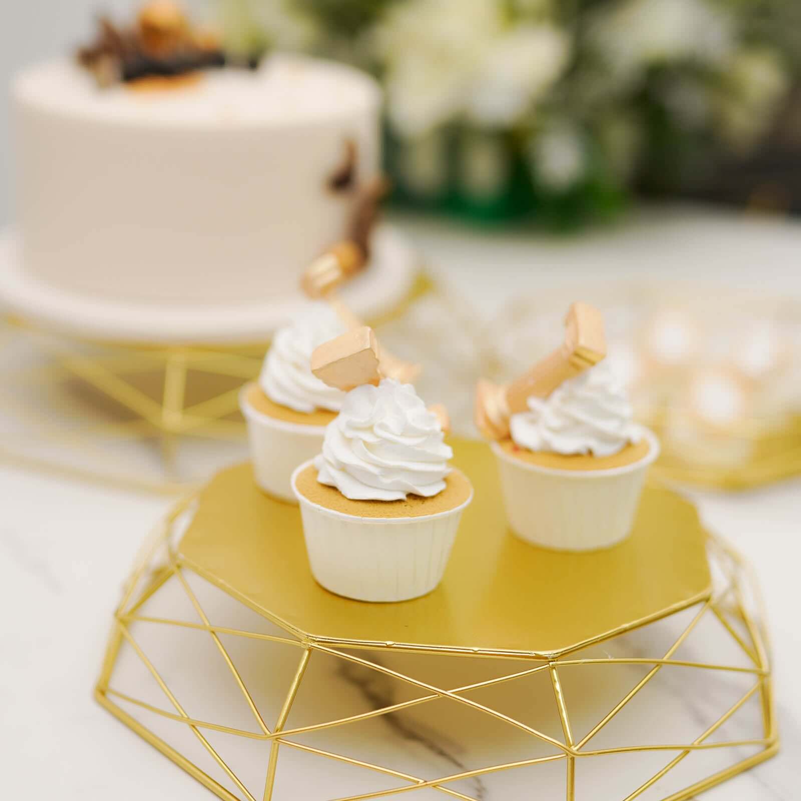 Set of 3 Metal Cake Stands 7", 9", 11" Geometric Reversible Octagon Design Gold - Dessert Display Baskets - Image 14