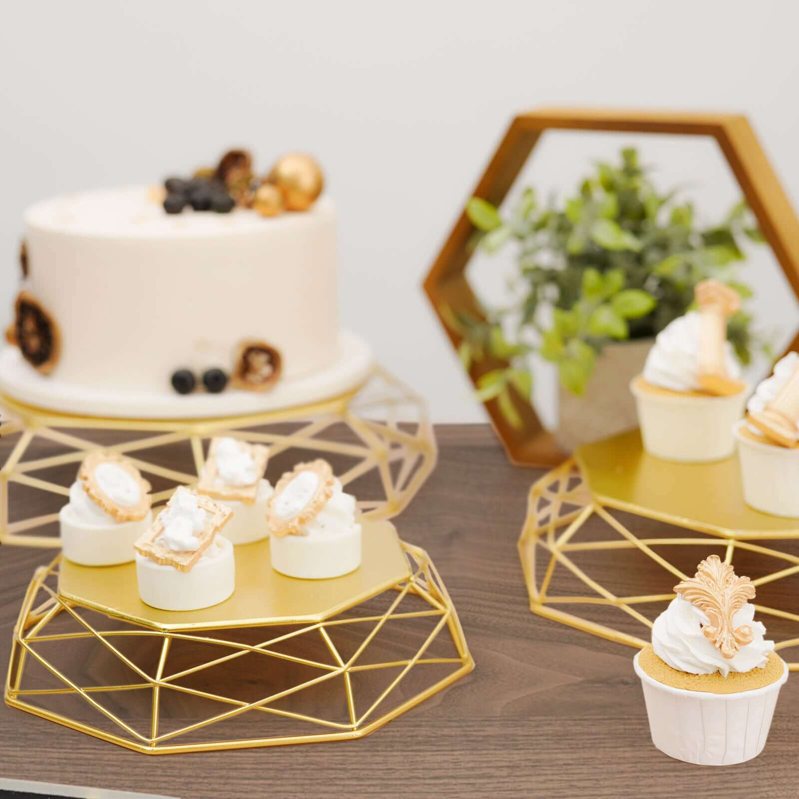 Set of 3 Metal Cake Stands 7", 9", 11" Geometric Reversible Octagon Design Gold - Dessert Display Baskets - Image 15