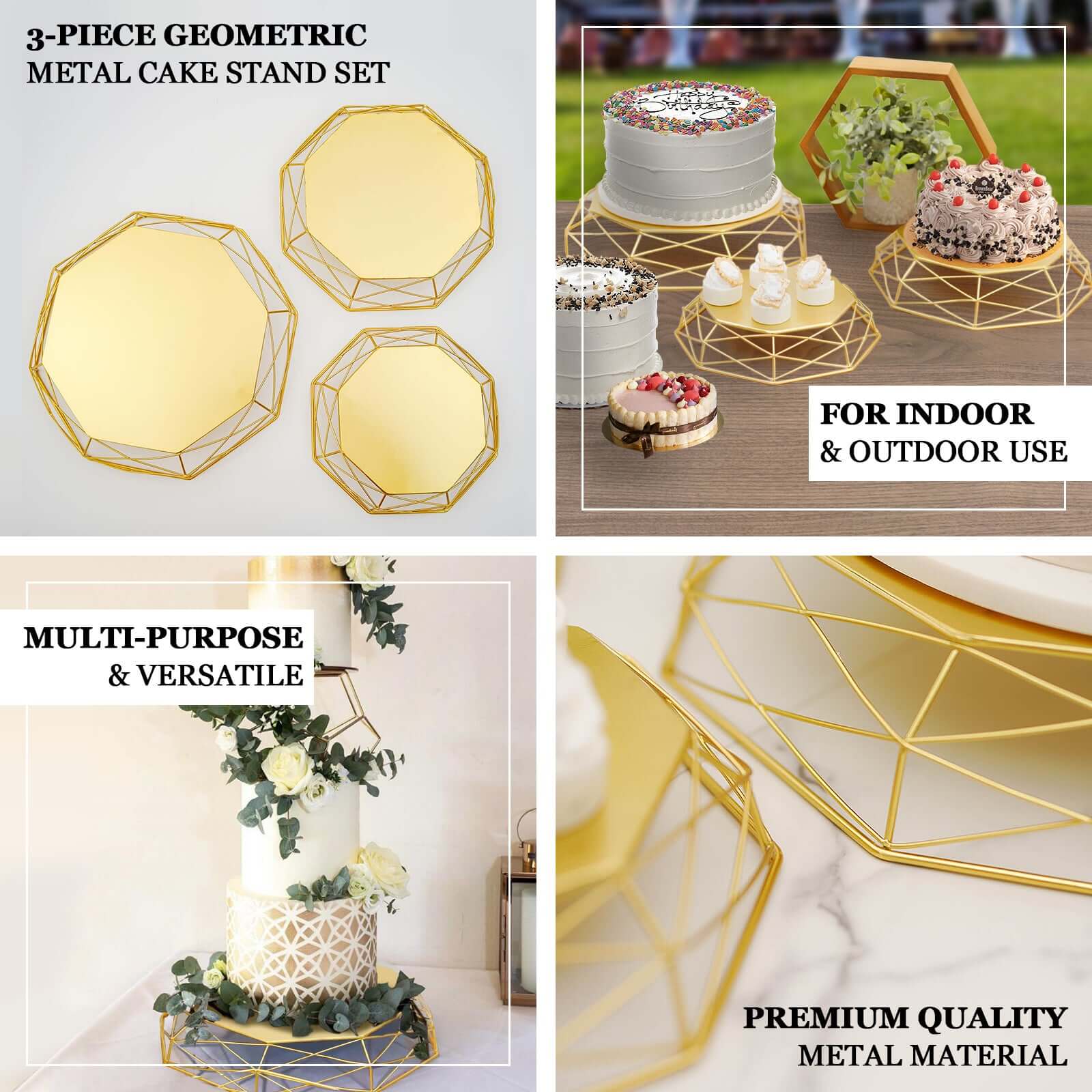 Set of 3 Metal Cake Stands 7", 9", 11" Geometric Reversible Octagon Design Gold - Dessert Display Baskets - Image 4