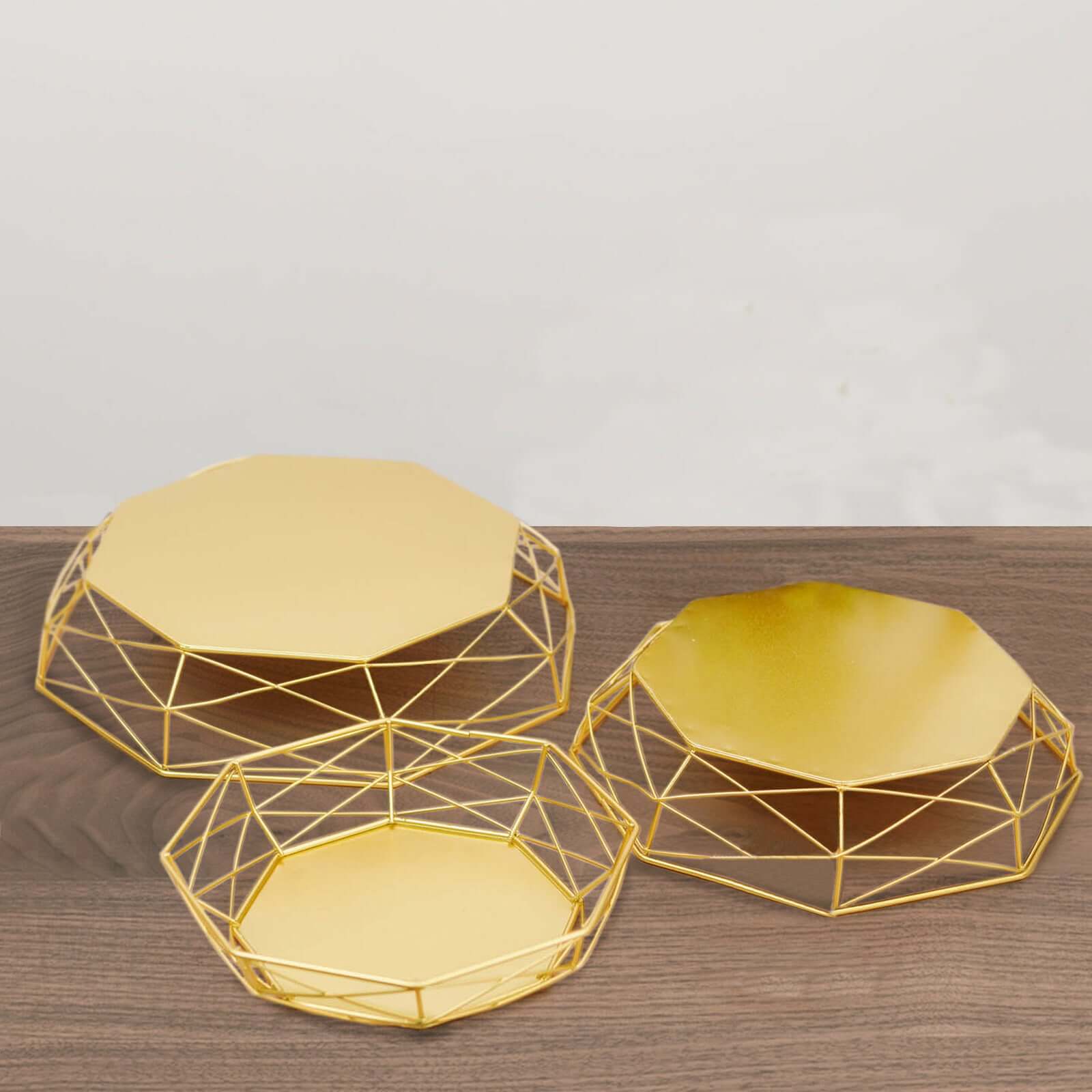 Set of 3 Metal Cake Stands 7", 9", 11" Geometric Reversible Octagon Design Gold - Dessert Display Baskets - Image 6