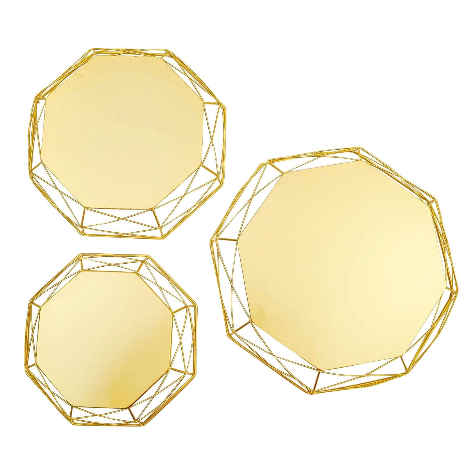 Set of 3 Metal Cake Stands 7", 9", 11" Geometric Reversible Octagon Design Gold - Dessert Display Baskets - Image 7