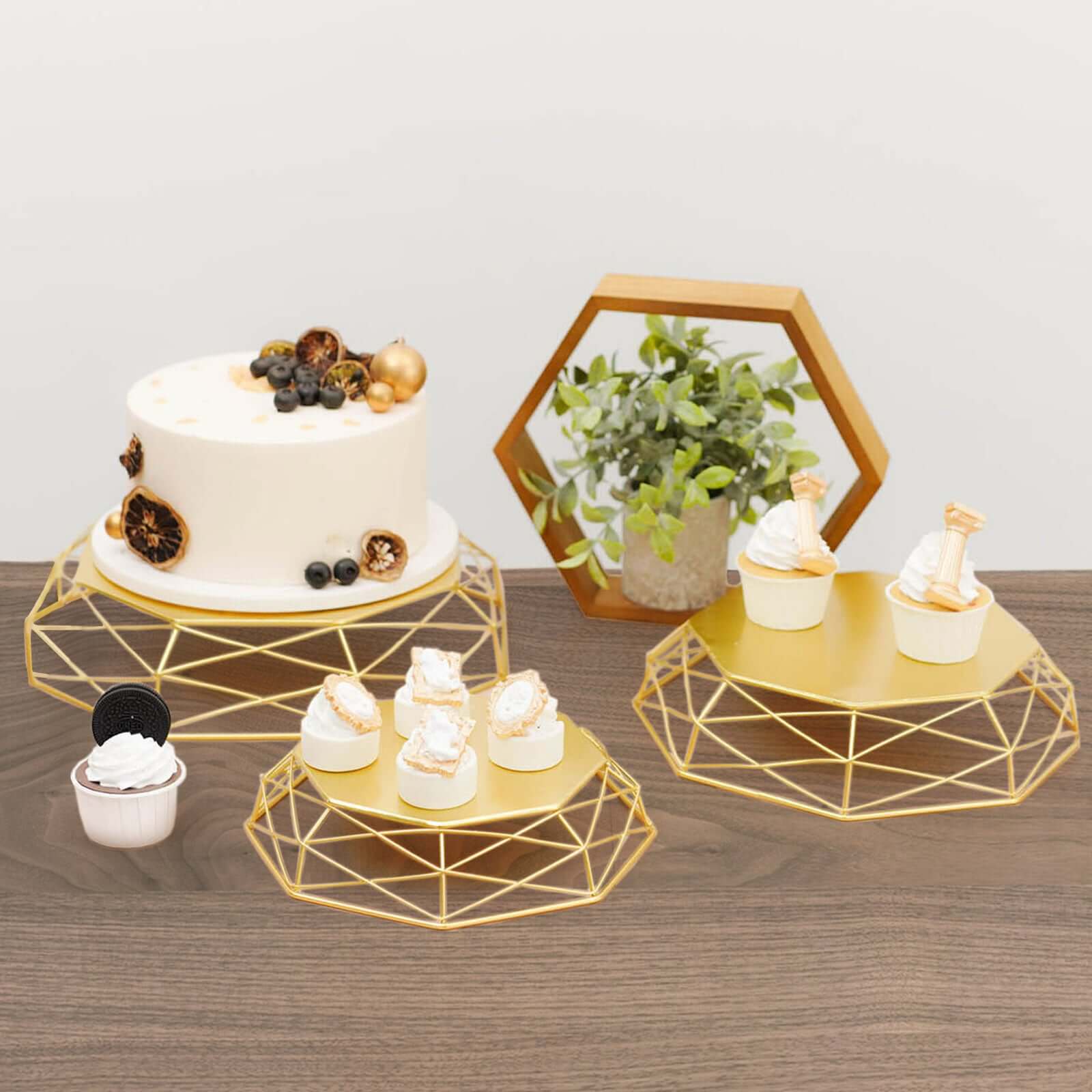Set of 3 Metal Cake Stands 7", 9", 11" Geometric Reversible Octagon Design Gold - Dessert Display Baskets - Image 8