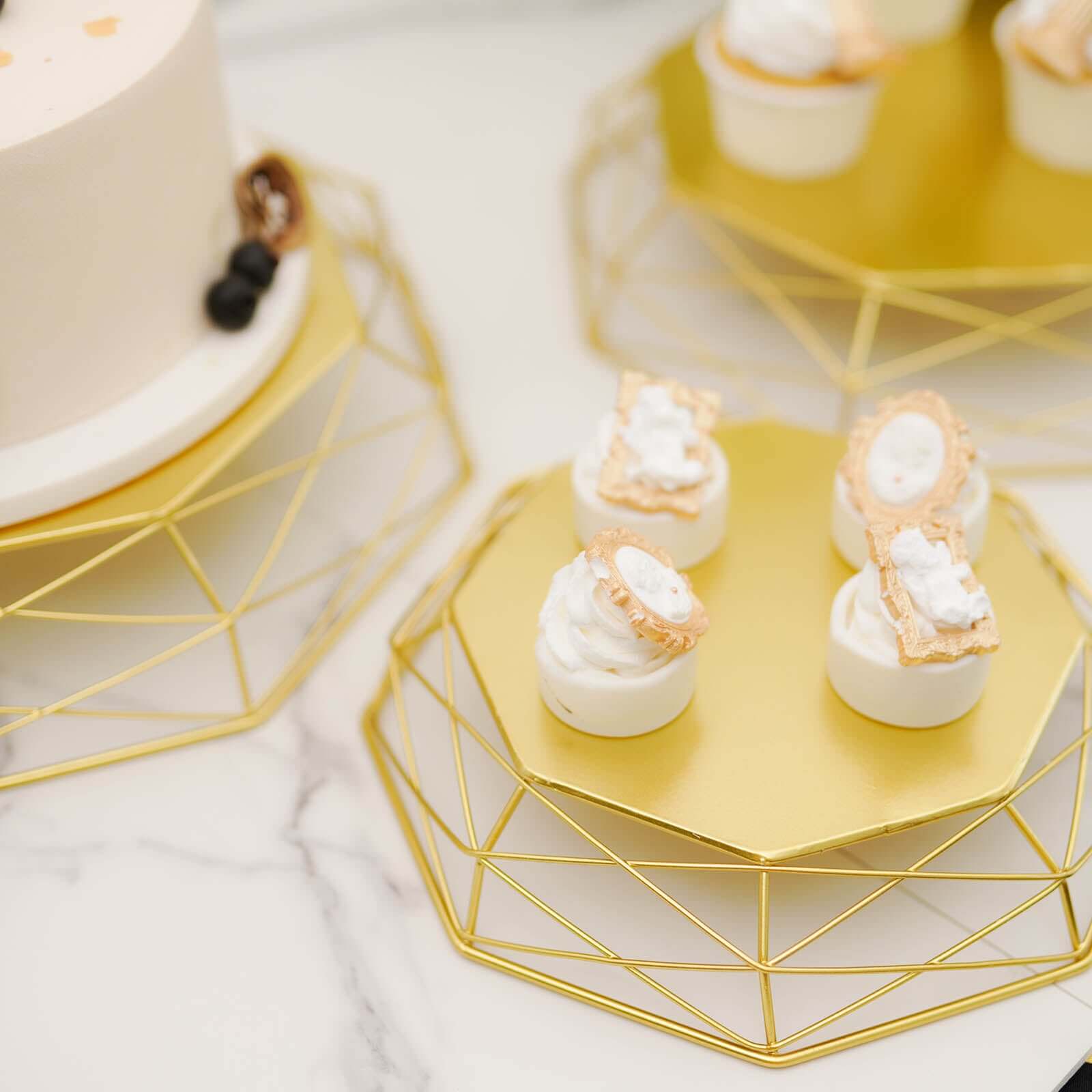 Set of 3 Metal Cake Stands 7", 9", 11" Geometric Reversible Octagon Design Gold - Dessert Display Baskets - Image 9