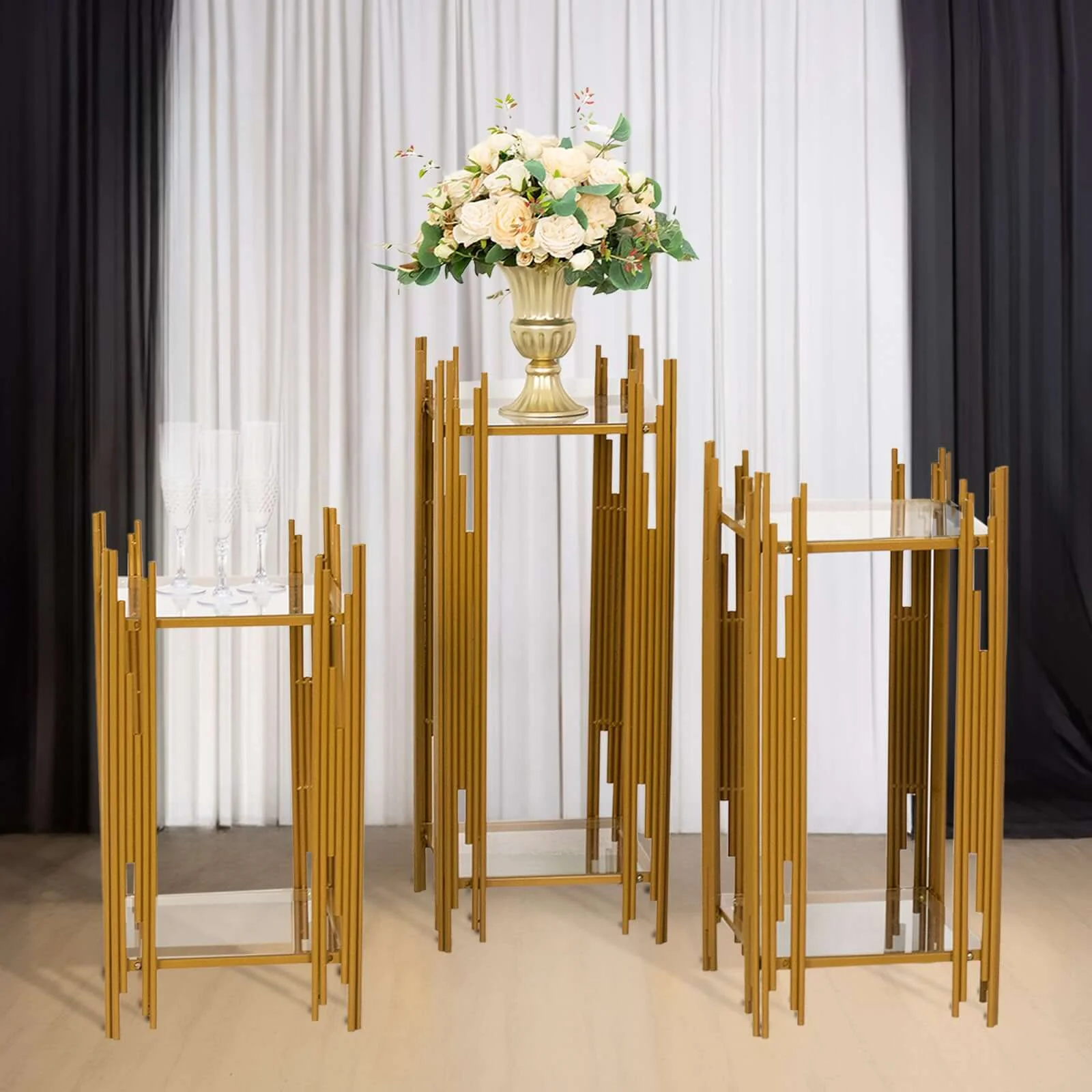 Set of 3 Metal Plinth Stands 26",30",34" Gold Square Acrylic Plates - Wedding Cake Table or Flower Display - Image 2