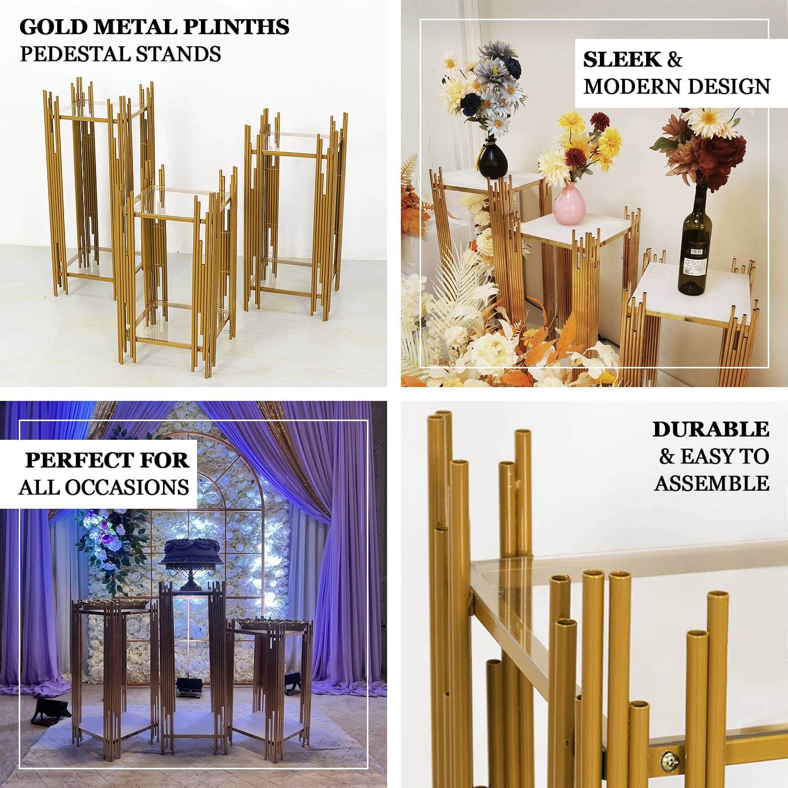 Set of 3 Metal Plinth Stands 26",30",34" Gold Square Acrylic Plates - Wedding Cake Table or Flower Display - Image 4