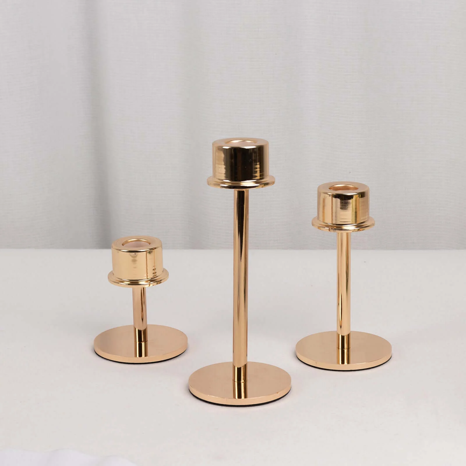 Set of 3 Metal Taper Candlestick Holders 3.5", 5.5", 8" Gold with Round Base - Hurricane Candle Stands - Image 2