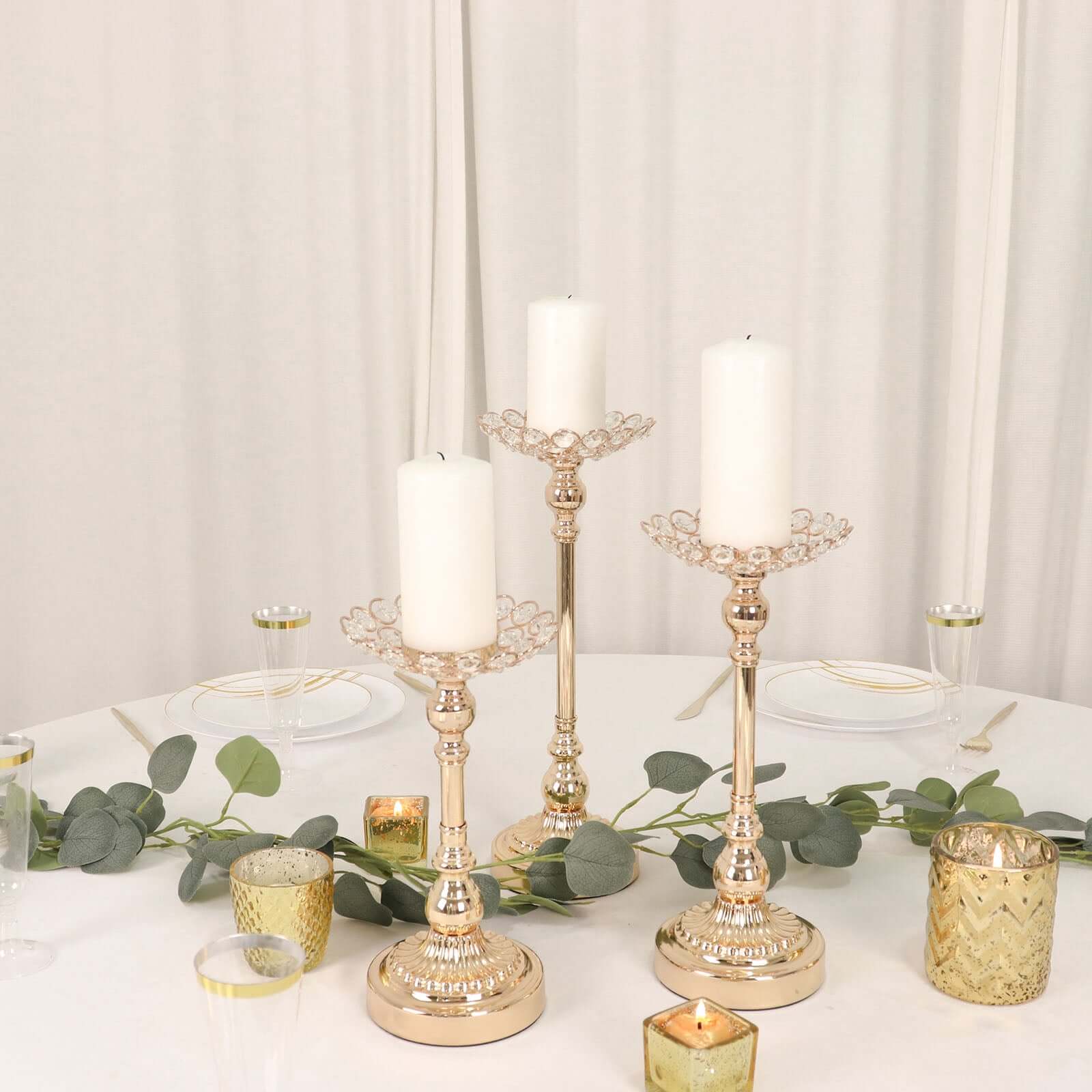 Set of 3 Metal Votive Candle Holders 11", 13", 15" Crystal Beaded Design Gold - Tea Light Centerpieces - Image 2
