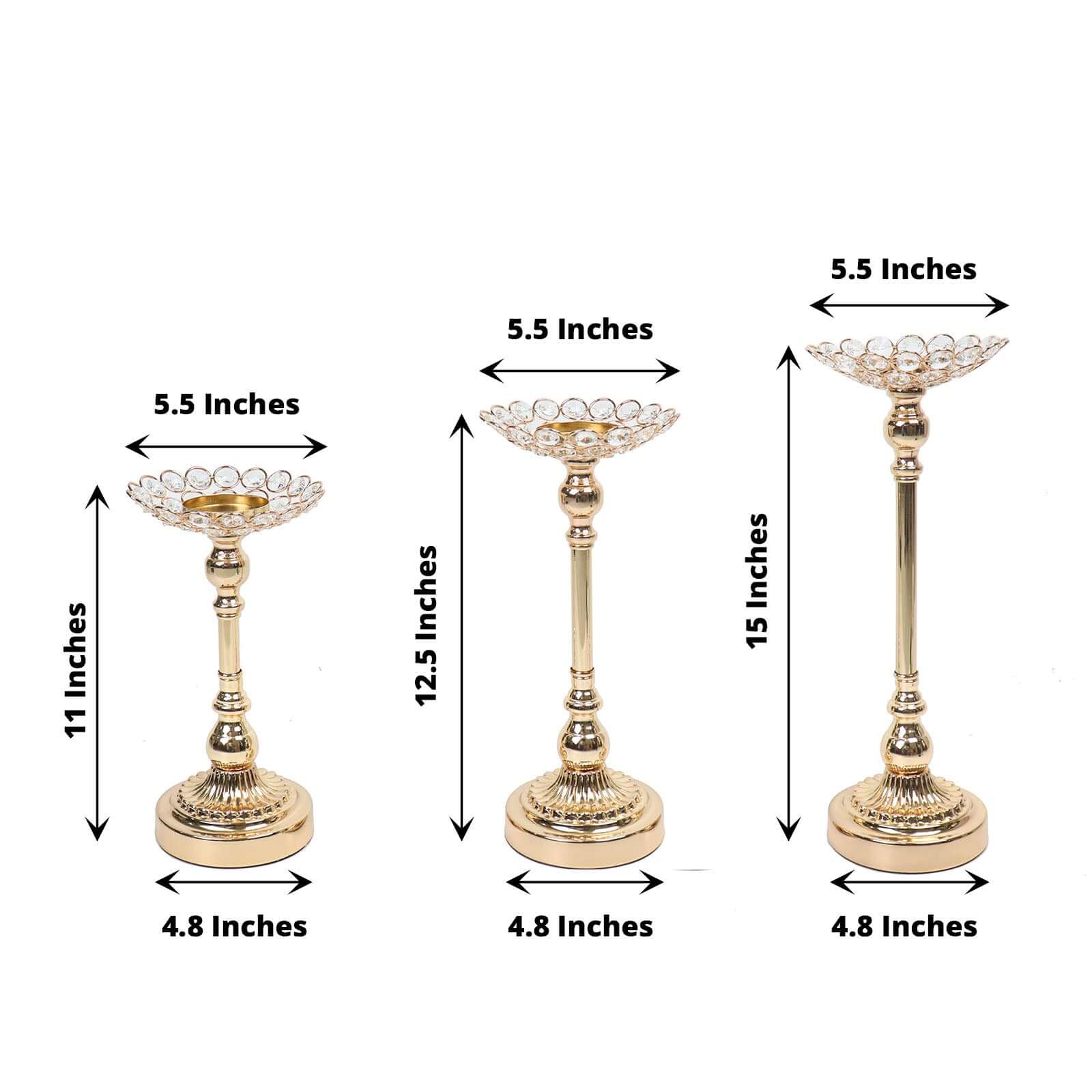 Set of 3 Metal Votive Candle Holders 11", 13", 15" Crystal Beaded Design Gold - Tea Light Centerpieces - Image 3