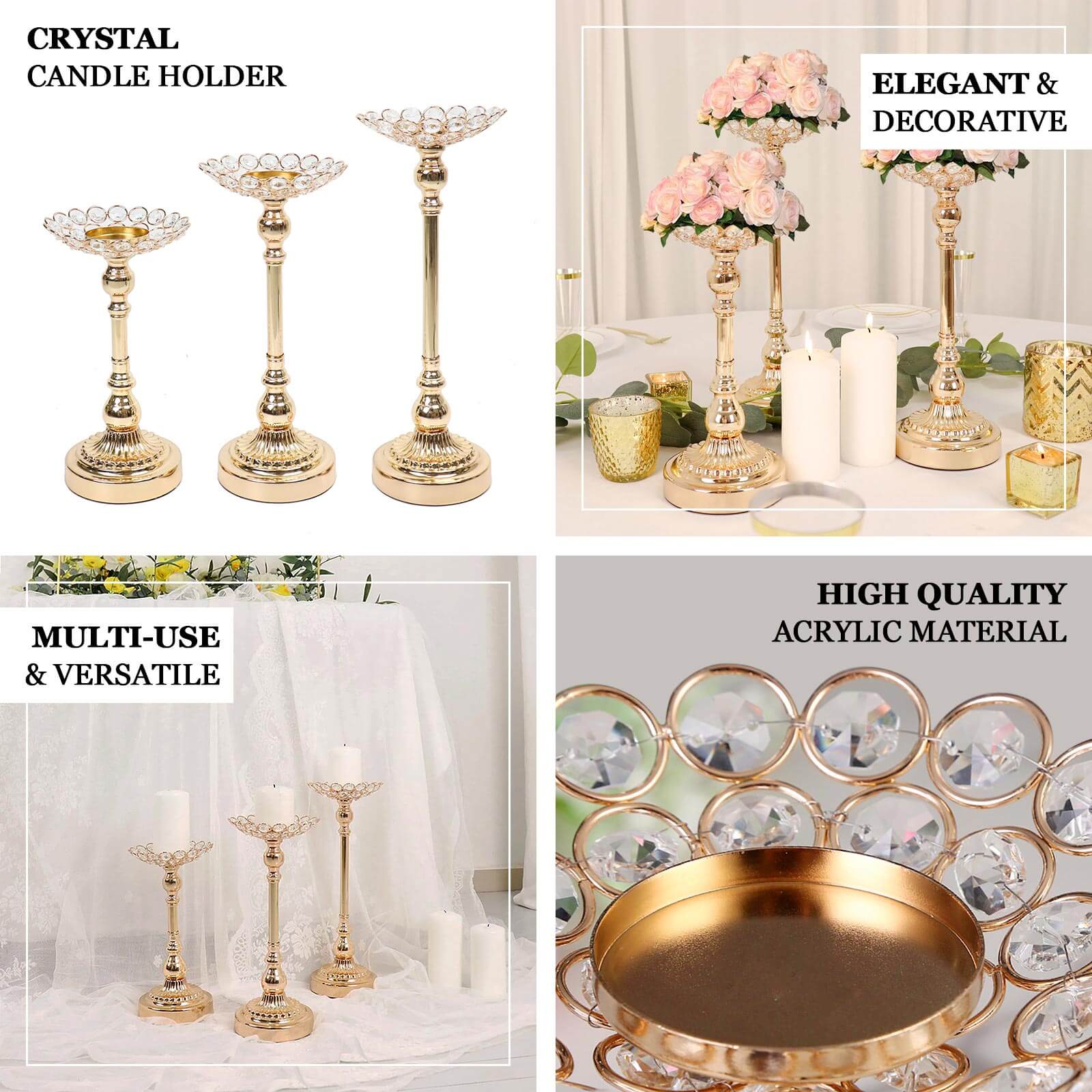 Set of 3 Metal Votive Candle Holders 11", 13", 15" Crystal Beaded Design Gold - Tea Light Centerpieces - Image 4