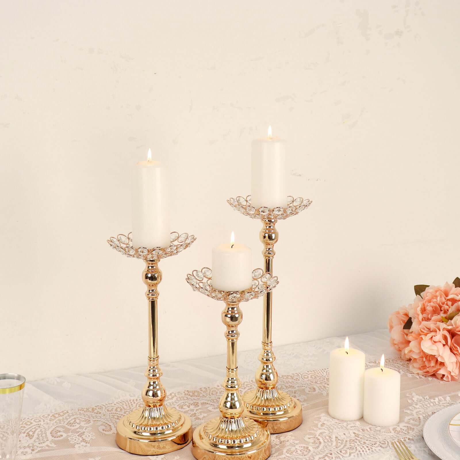 Set of 3 Metal Votive Candle Holders 11", 13", 15" Crystal Beaded Design Gold - Tea Light Centerpieces - Image 5
