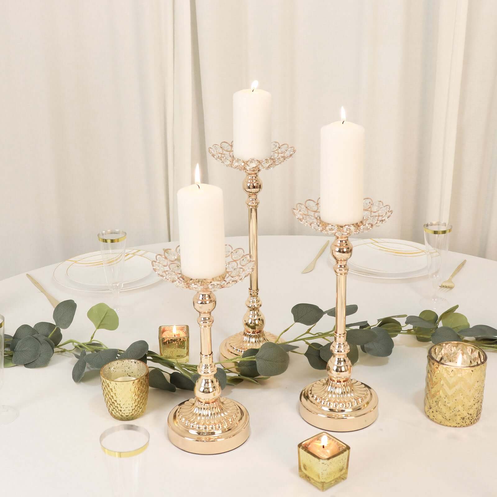 Set of 3 Metal Votive Candle Holders 11", 13", 15" Crystal Beaded Design Gold - Tea Light Centerpieces - Image 8