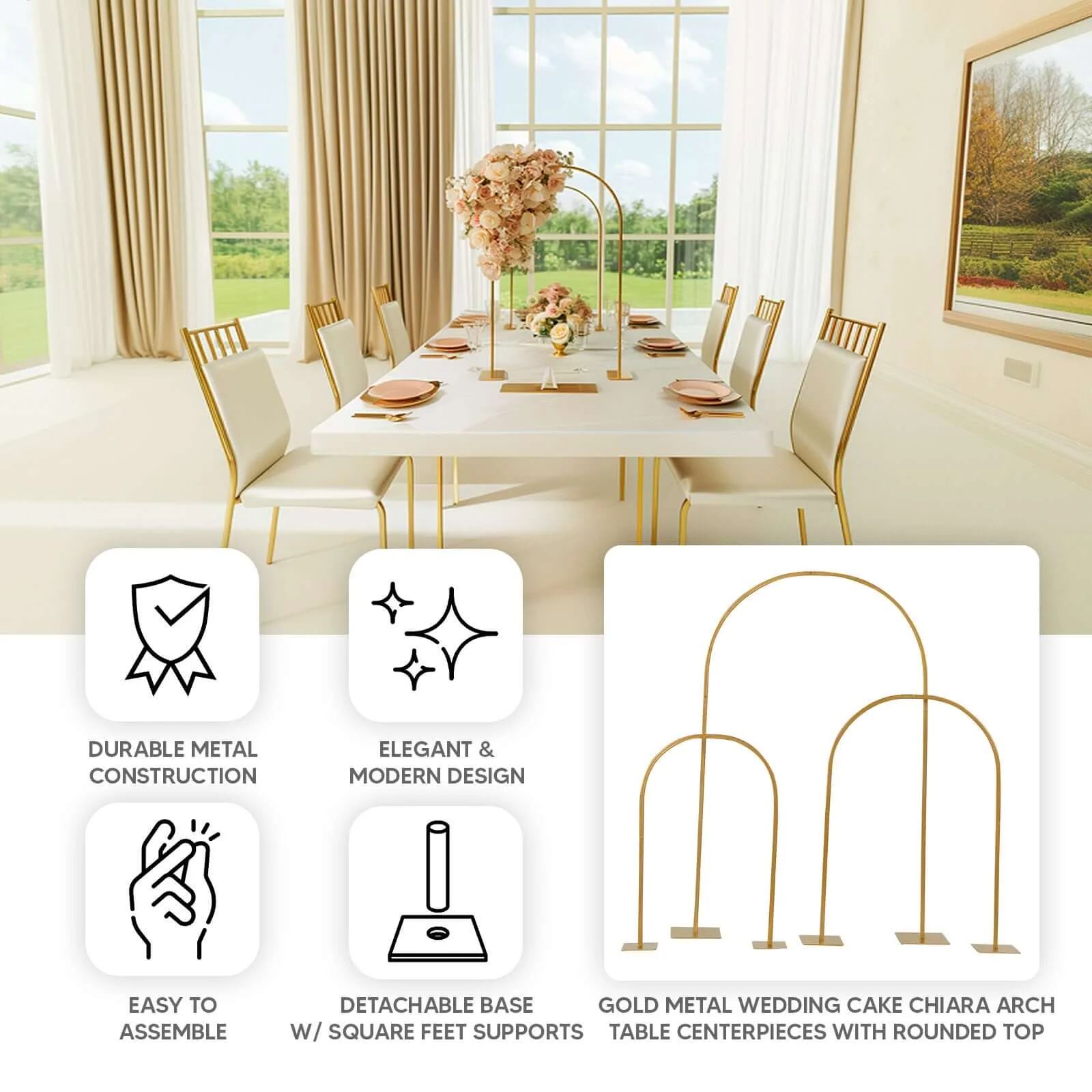 Set of 3 Metal Wedding Cake Chiara Arch Table Centerpieces Gold 20", 23", 35" - Flower Stand Frame with Detachable Base - Image 4