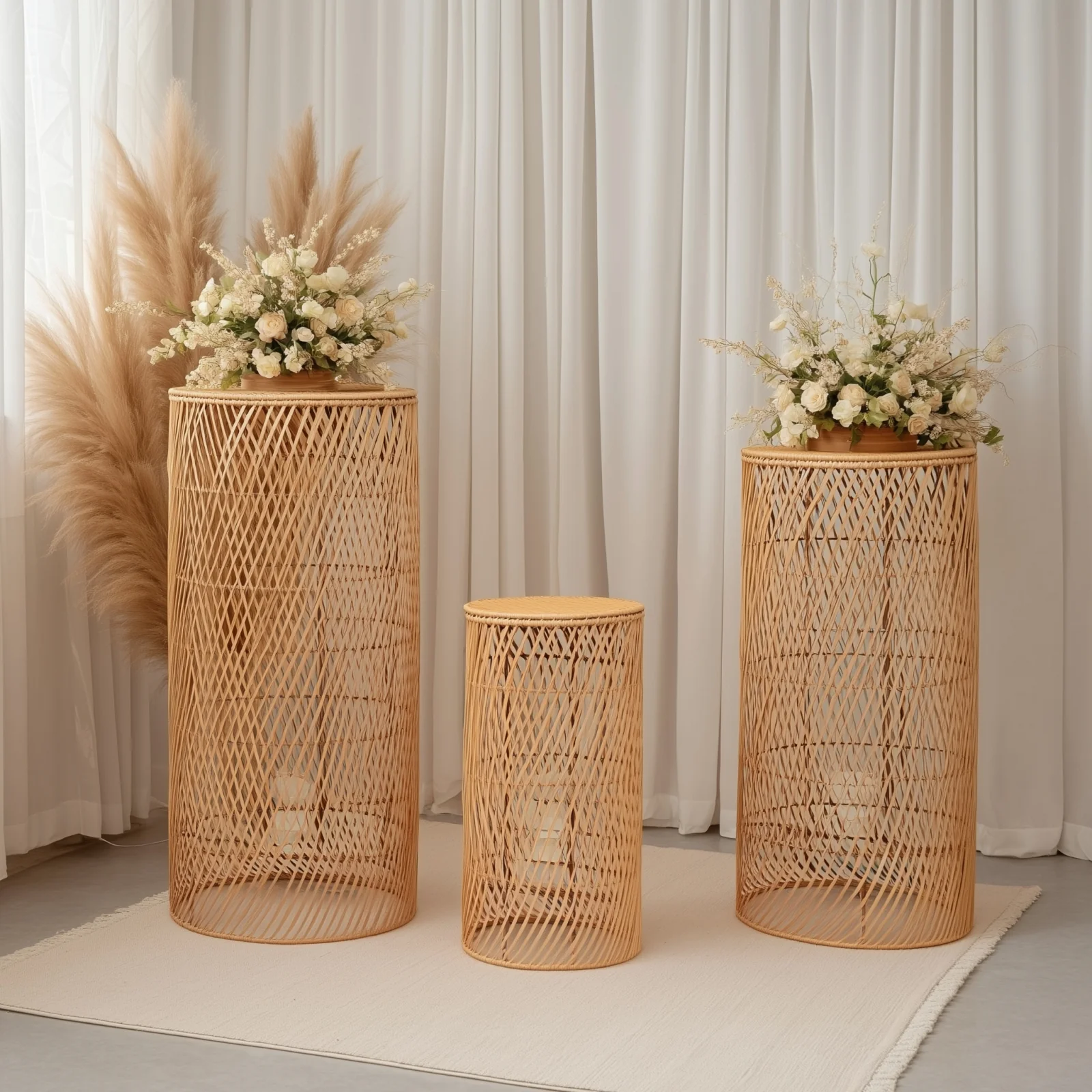 Set of 3 Natural Woven Rattan Wicker Floor Lamp Shades with Wave Patterns, Rustic Farmhouse Cylinder Pedestal Display Stands With Plug In Light Cord - 19",27",33"