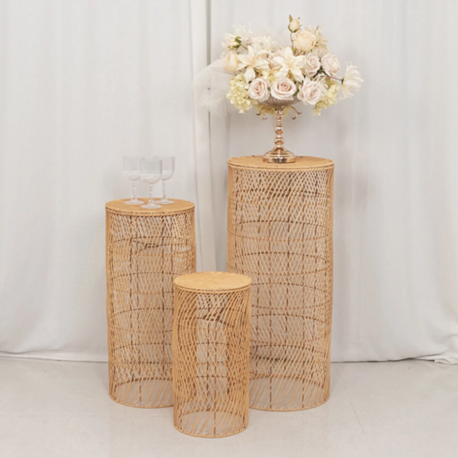 Set of 3 Natural Woven Rattan Wicker Floor Lamp Shades with Wave Patterns, Rustic Farmhouse Cylinder Pedestal Display Stands With Plug In Light Cord - 19",27",33" - Image 5