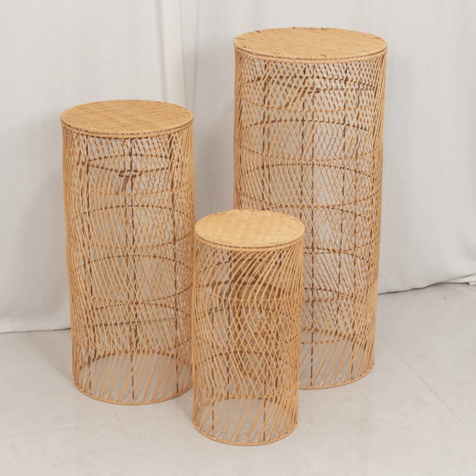 Set of 3 Natural Woven Rattan Wicker Floor Lamp Shades with Wave Patterns, Rustic Farmhouse Cylinder Pedestal Display Stands With Plug In Light Cord - 19",27",33" - Image 6