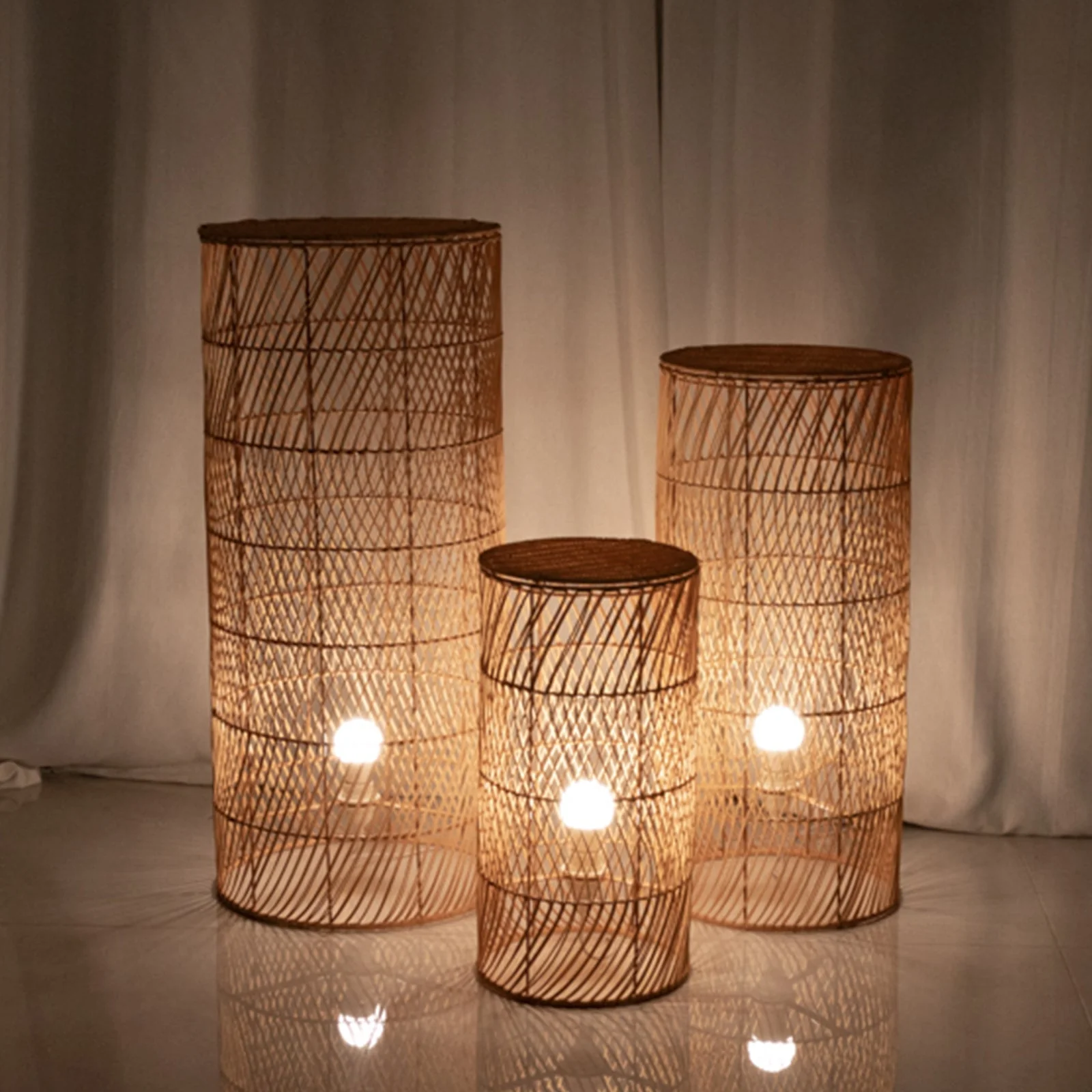 Set of 3 Natural Woven Rattan Wicker Floor Lamp Shades with Wave Patterns, Rustic Farmhouse Cylinder Pedestal Display Stands With Plug In Light Cord - 19",27",33" - Image 8