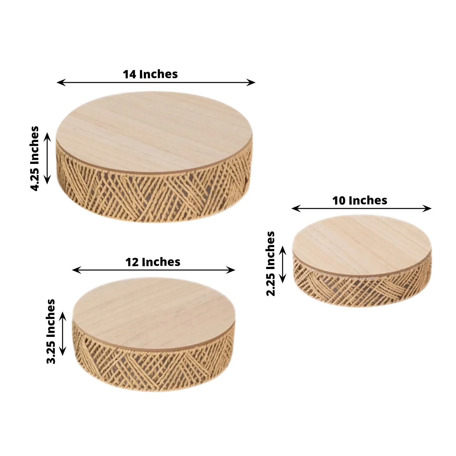 Set of 3 Pedestal Cake Stands 10", 12", 14" Jute Rattan with Wooden Top Plates Natural - Stackable Round Rustic Farmhouse Design - Image 2