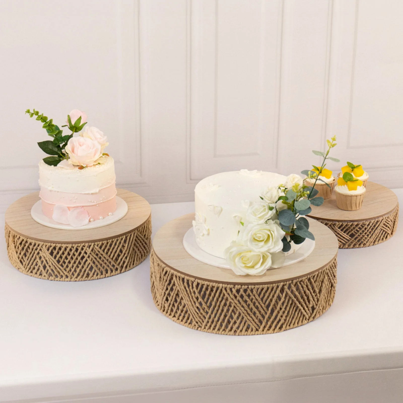Set of 3 Pedestal Cake Stands 10", 12", 14" Jute Rattan with Wooden Top Plates Natural - Stackable Round Rustic Farmhouse Design - Image 3