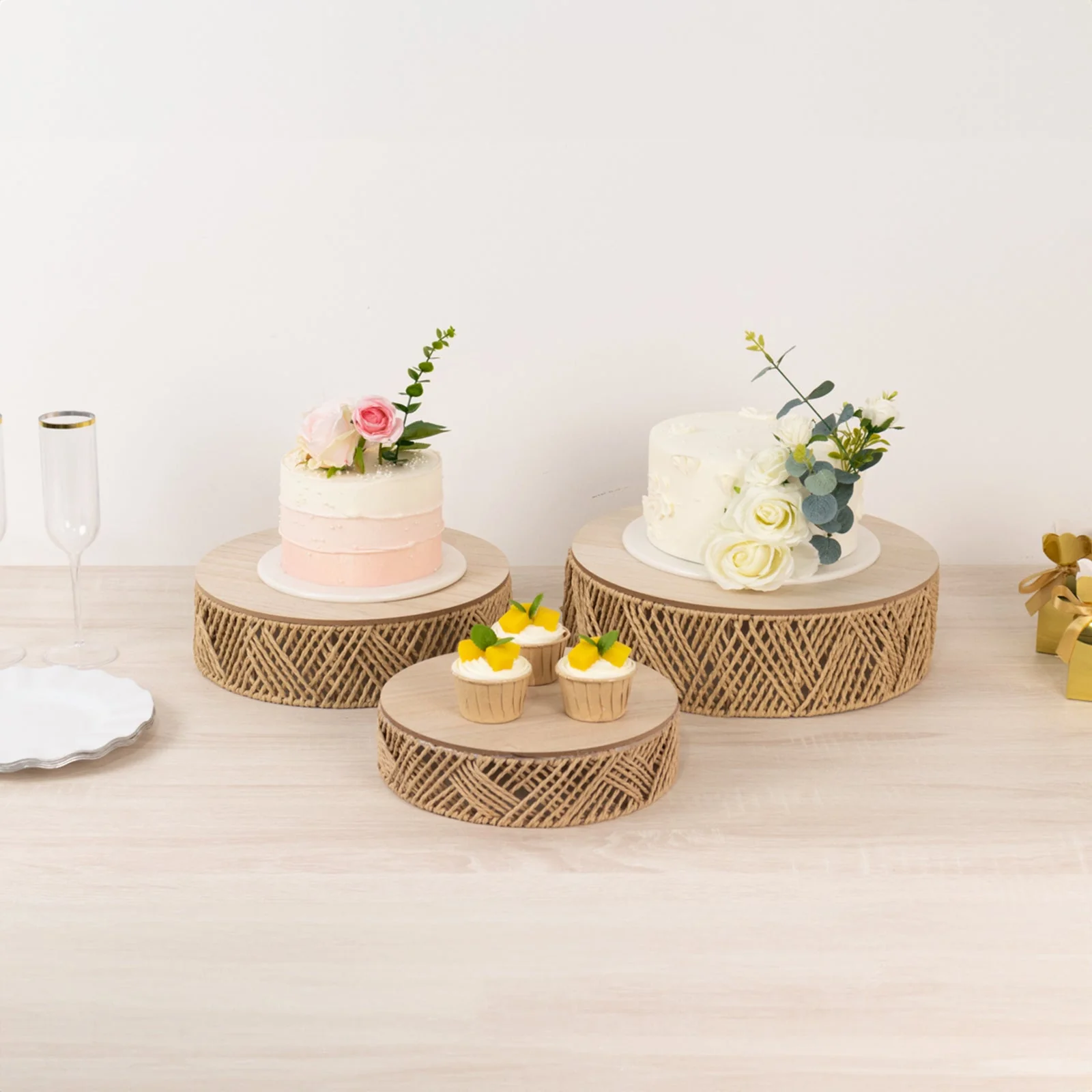 Set of 3 Pedestal Cake Stands 10", 12", 14" Jute Rattan with Wooden Top Plates Natural - Stackable Round Rustic Farmhouse Design - Image 7