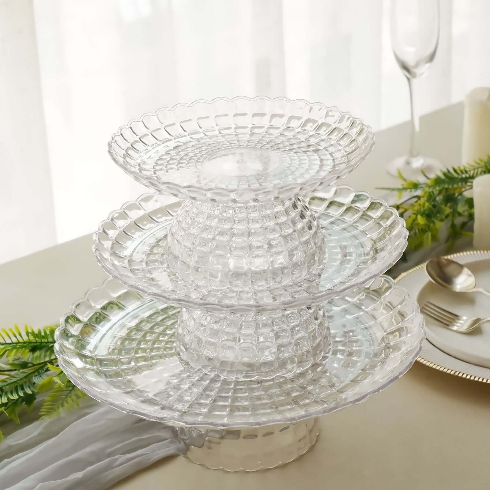 Set of 3 Plastic Cupcake Stands 8", 10", 12" Clear Pressed Glass Pattern with Scalloped Edges - Contemporary Versatile & Stackable Cake Dessert Pedestal Display Risers - Image 2