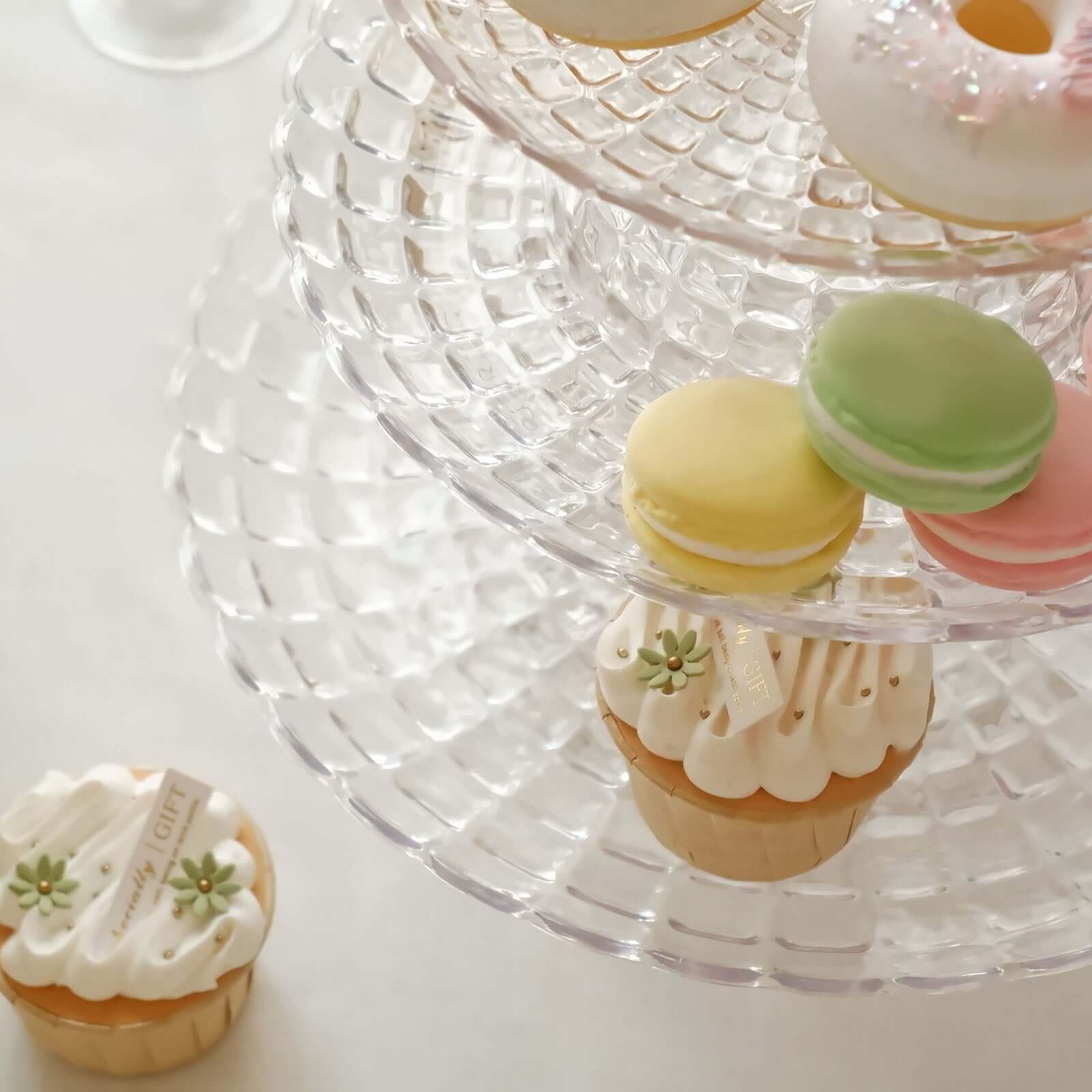 Set of 3 Plastic Cupcake Stands 8", 10", 12" Clear Pressed Glass Pattern with Scalloped Edges - Contemporary Versatile & Stackable Cake Dessert Pedestal Display Risers - Image 5