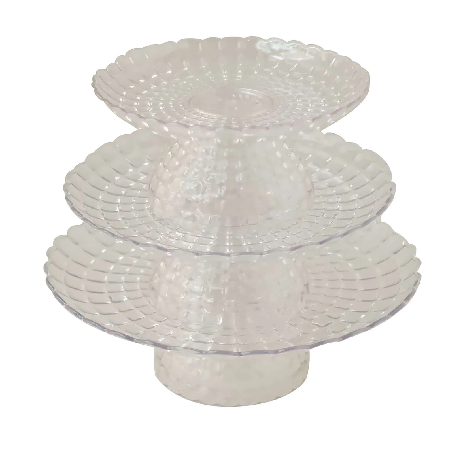 Set of 3 Plastic Cupcake Stands 8", 10", 12" Clear Pressed Glass Pattern with Scalloped Edges - Contemporary Versatile & Stackable Cake Dessert Pedestal Display Risers - Image 6