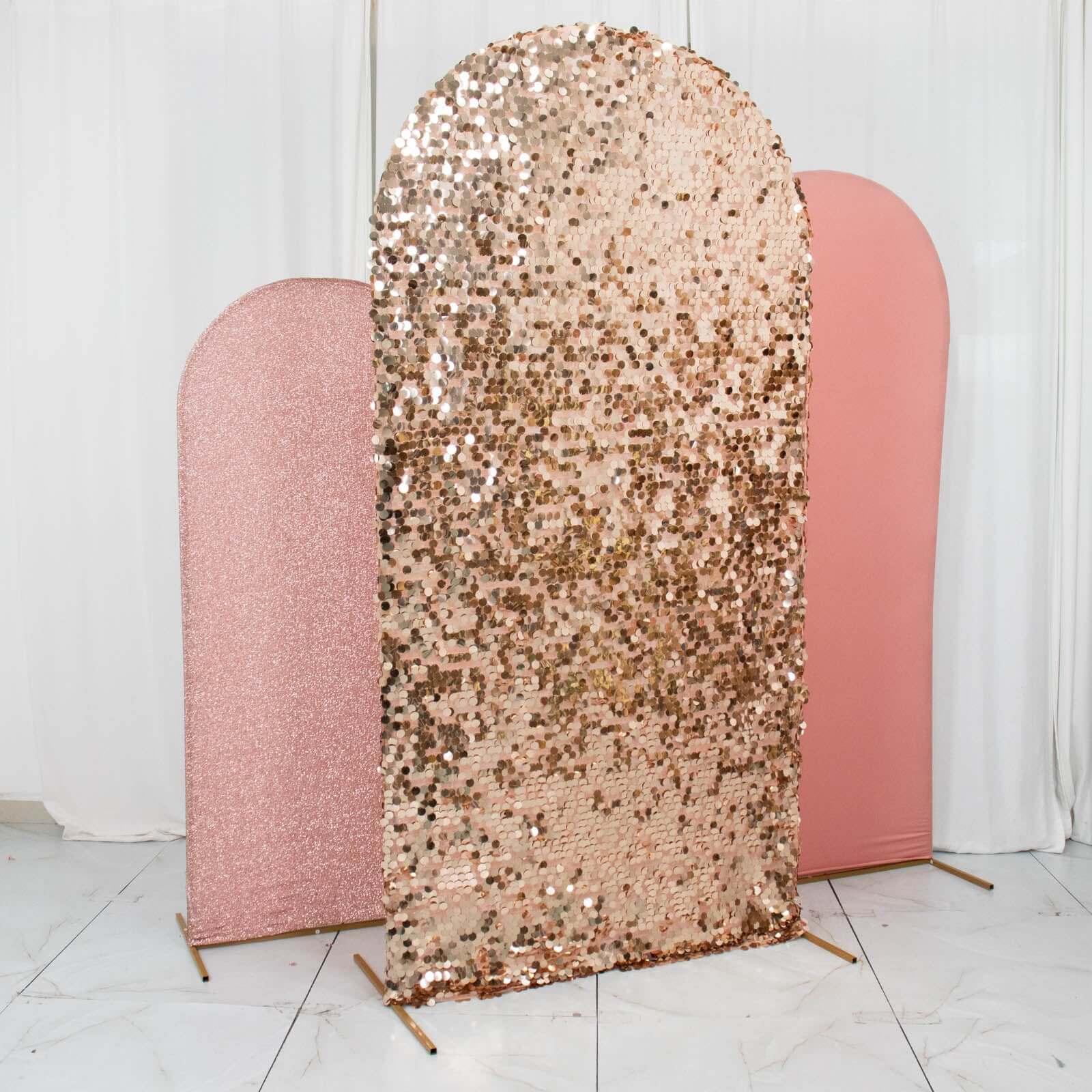 Set of 3 Rose Gold Round Top Fitted Backdrop Stand Covers, Big Payette Sequin, Shimmer Tinsel and Matte Spandex Wedding Arch Frame Covers - Image 2