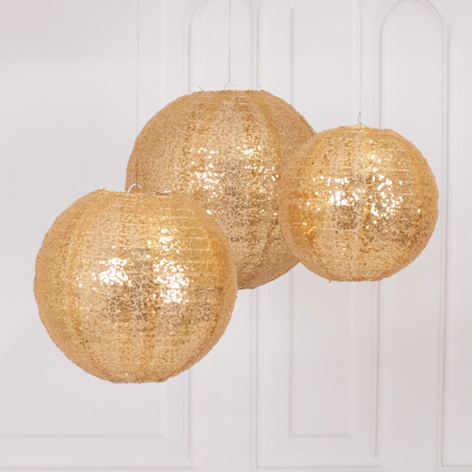 Set of 3 Shimmer Gold Sequin Fabric Hanging Lanterns, Decorative Round Foldable Chinese Lantern Lampshades - 8",10",12" - Image 4