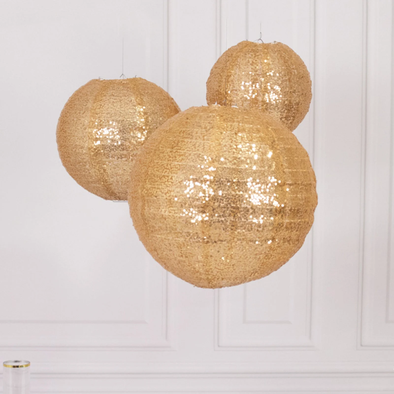Set of 3 Shimmer Gold Sequin Fabric Hanging Lanterns, Decorative Round Foldable Chinese Lantern Lampshades - 8",10",12" - Image 5