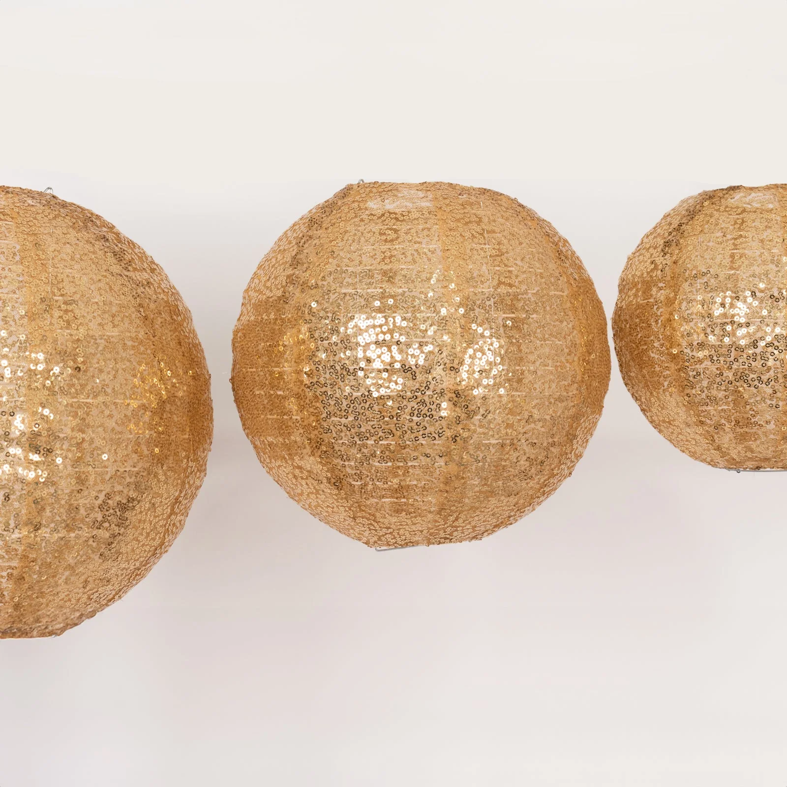 Set of 3 Shimmer Gold Sequin Fabric Hanging Lanterns, Decorative Round Foldable Chinese Lantern Lampshades - 8",10",12" - Image 8