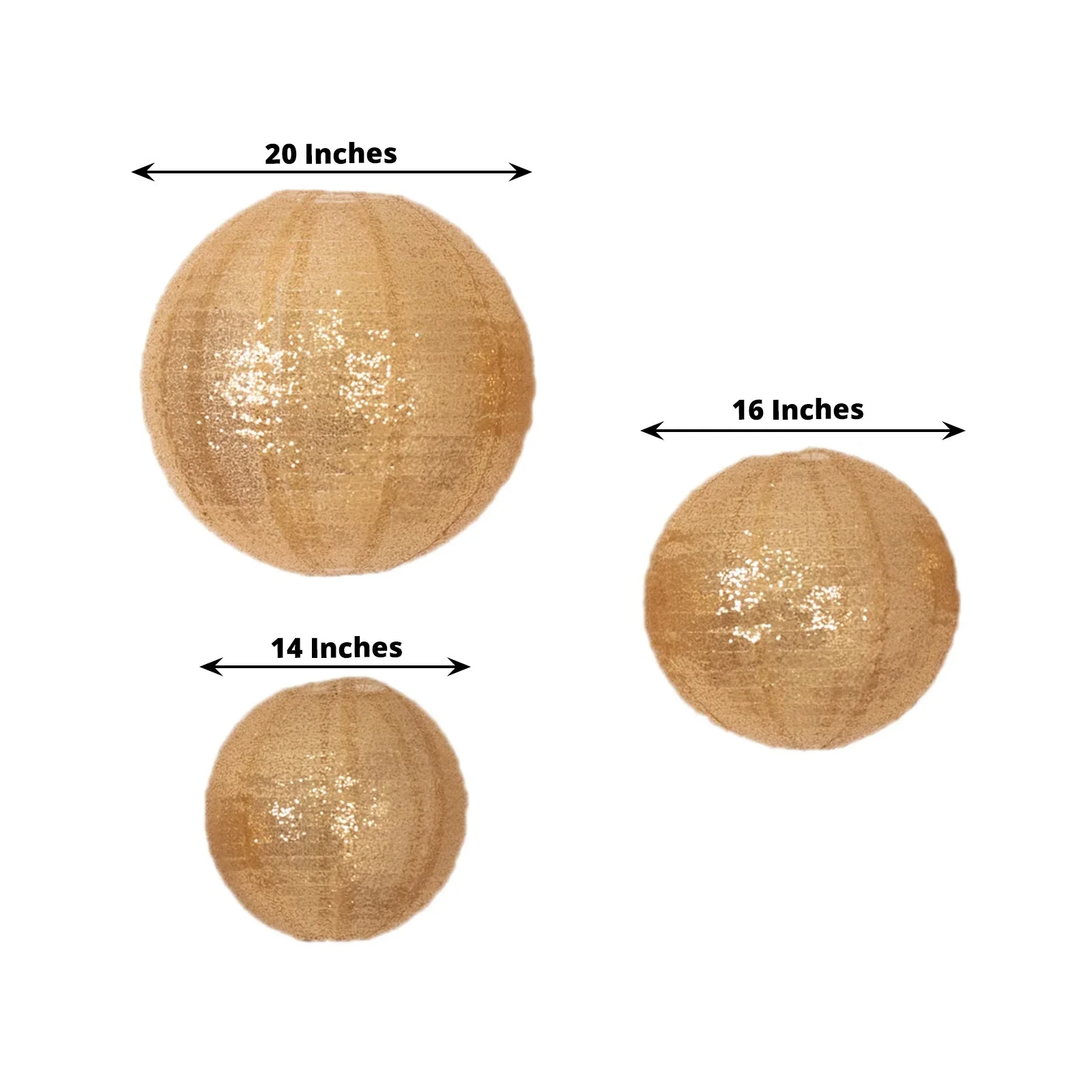 Set of 3 Shimmer Gold Sequin Fabric Hanging Lanterns, Large Decorative Round Foldable Chinese Lantern Lampshades - 14",16",20" - Image 2