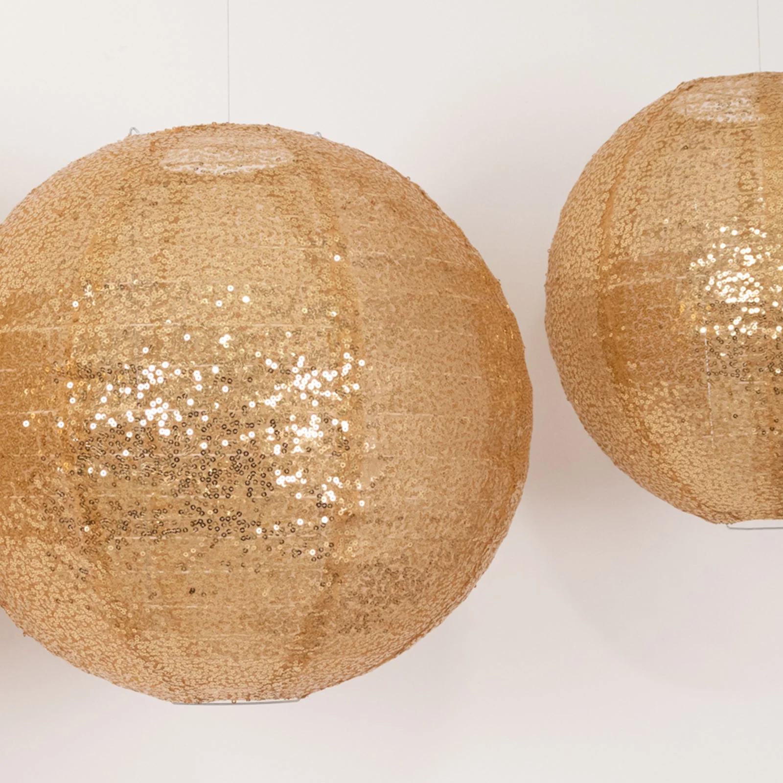 Set of 3 Shimmer Gold Sequin Fabric Hanging Lanterns, Large Decorative Round Foldable Chinese Lantern Lampshades - 14",16",20" - Image 3