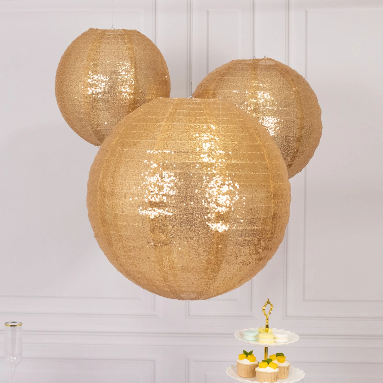 Set of 3 Shimmer Gold Sequin Fabric Hanging Lanterns, Large Decorative Round Foldable Chinese Lantern Lampshades - 14",16",20" - Image 4