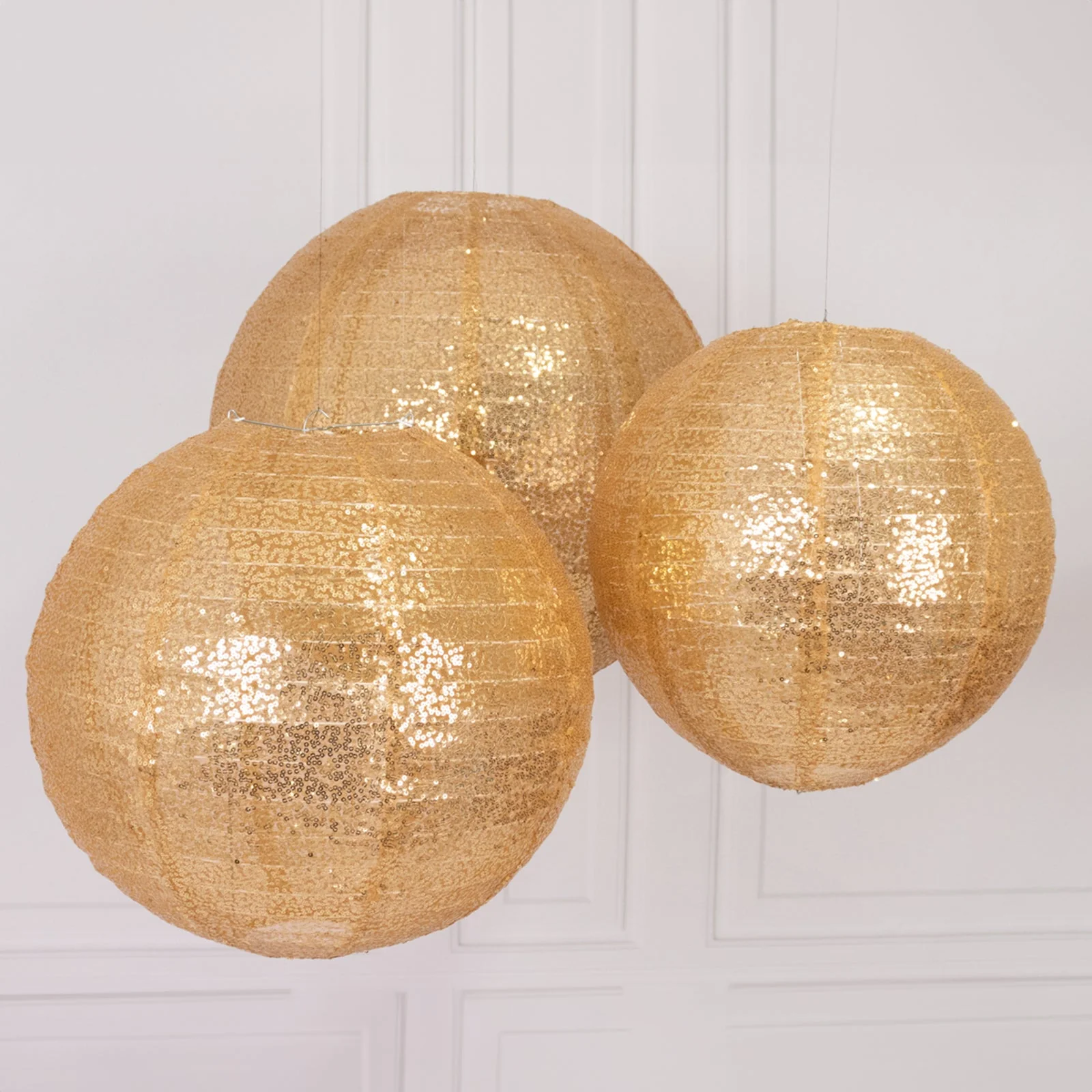 Set of 3 Shimmer Gold Sequin Fabric Hanging Lanterns, Large Decorative Round Foldable Chinese Lantern Lampshades - 14",16",20" - Image 5