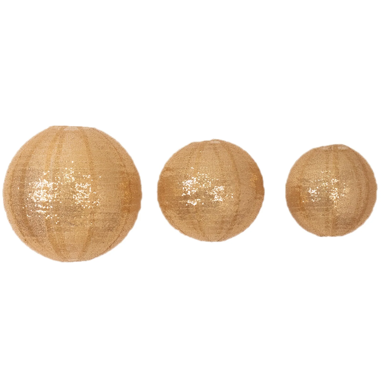 Set of 3 Shimmer Gold Sequin Fabric Hanging Lanterns, Large Decorative Round Foldable Chinese Lantern Lampshades - 14",16",20" - Image 6