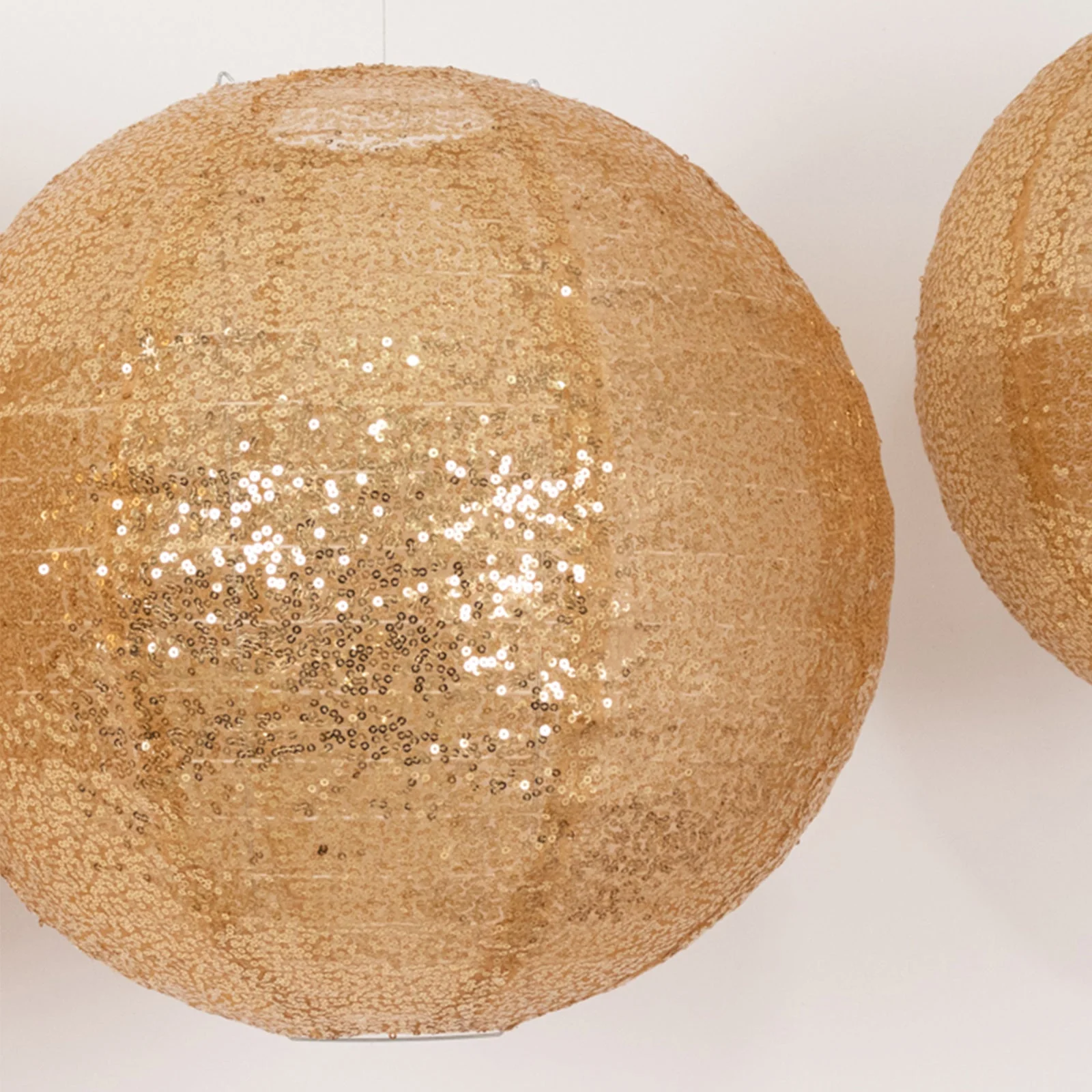 Set of 3 Shimmer Gold Sequin Fabric Hanging Lanterns, Large Decorative Round Foldable Chinese Lantern Lampshades - 14",16",20" - Image 7