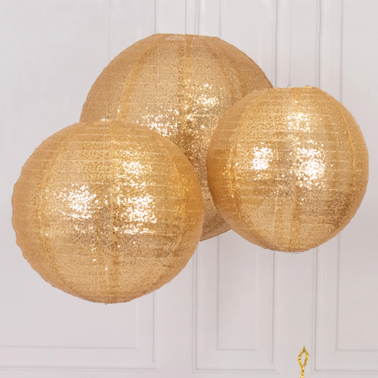 Set of 3 Shimmer Gold Sequin Fabric Hanging Lanterns, Large Decorative Round Foldable Chinese Lantern Lampshades - 14",16",20" - Image 8
