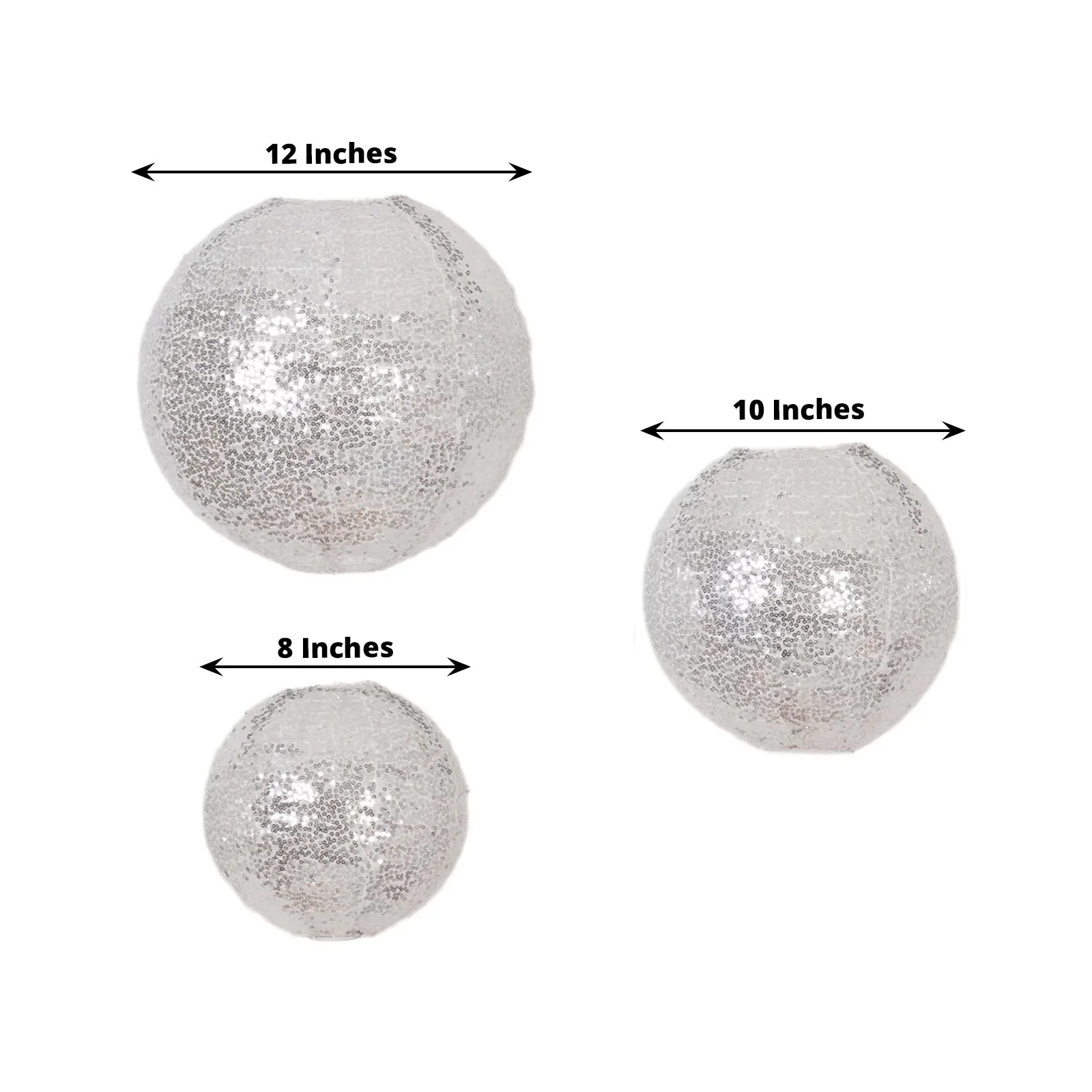 Set of 3 Shimmer Silver Sequin Fabric Hanging Lanterns, Decorative Round Foldable Chinese Lantern Lampshades - 8",10",12" - Image 2