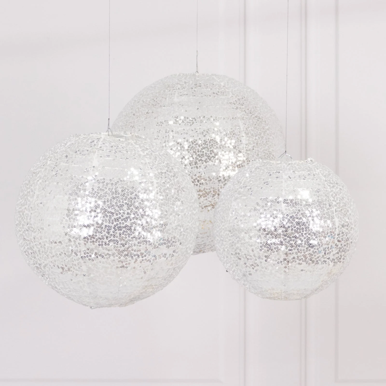 Set of 3 Shimmer Silver Sequin Fabric Hanging Lanterns, Decorative Round Foldable Chinese Lantern Lampshades - 8",10",12" - Image 3